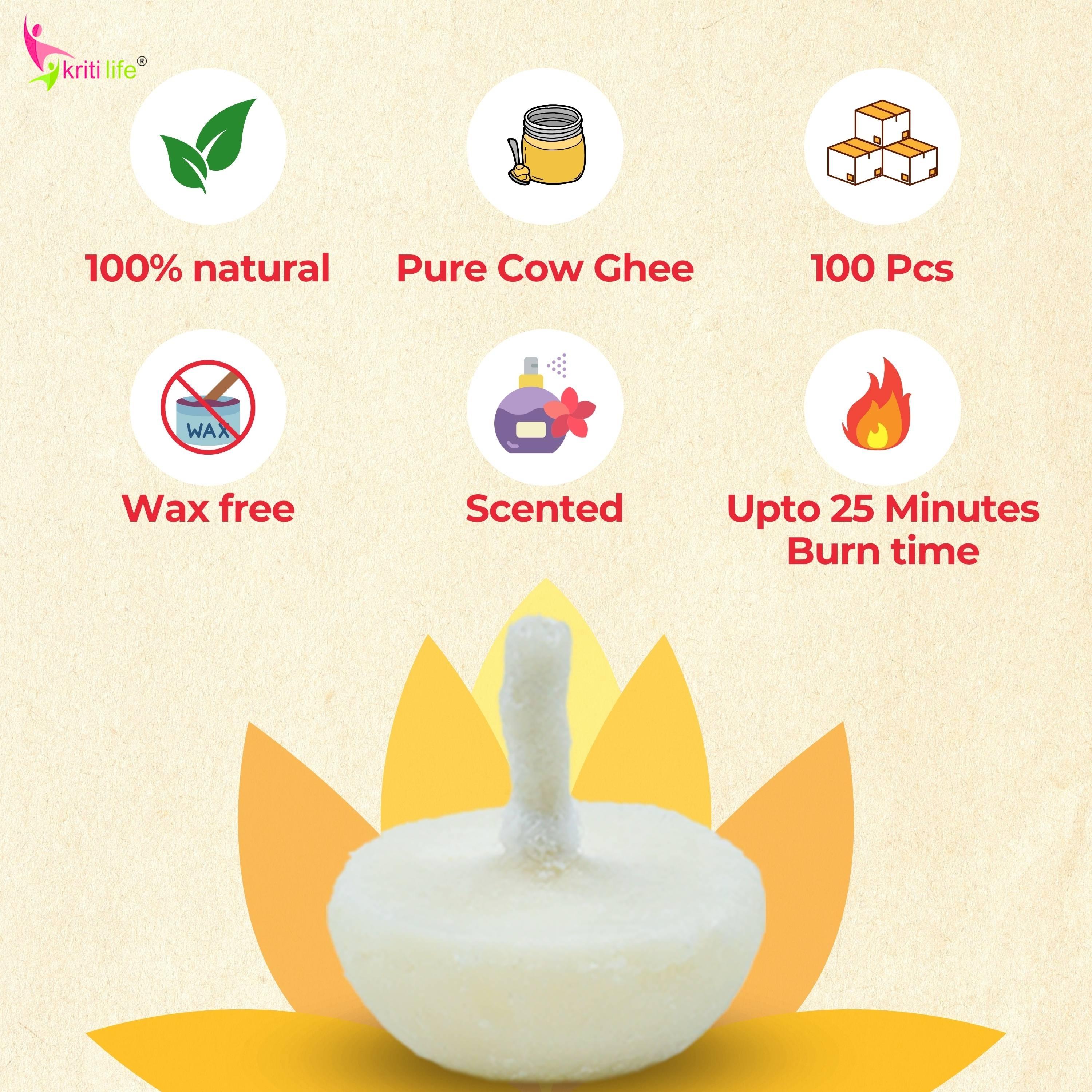 Kriti Life Scented Ghee Jyot Batti - Rose 100 Pcs for Puja Rituals