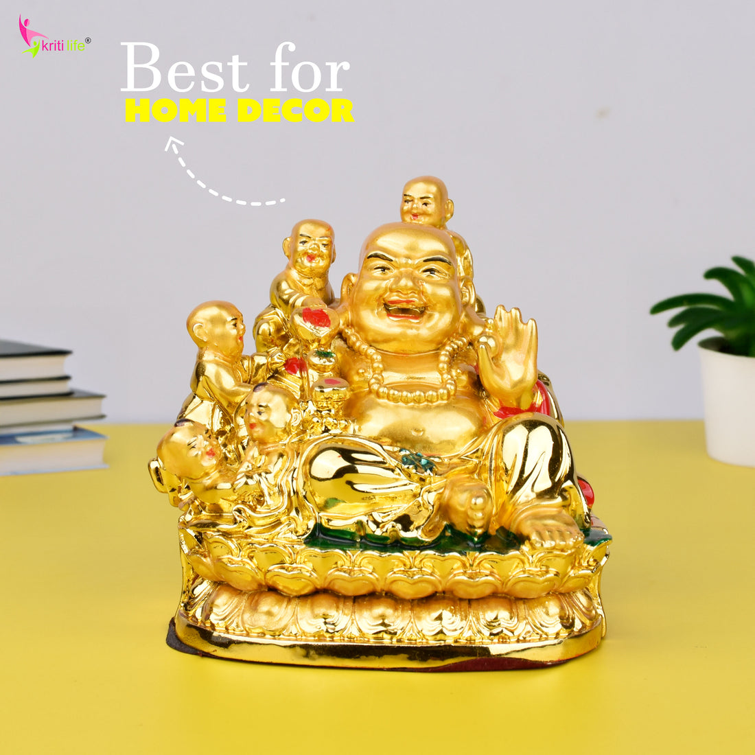 Feng Shui Laughing Buddha with Baby | Golden Polyresin Feng Shui Idol for Happiness, Wealth & Positivity- 4 inches