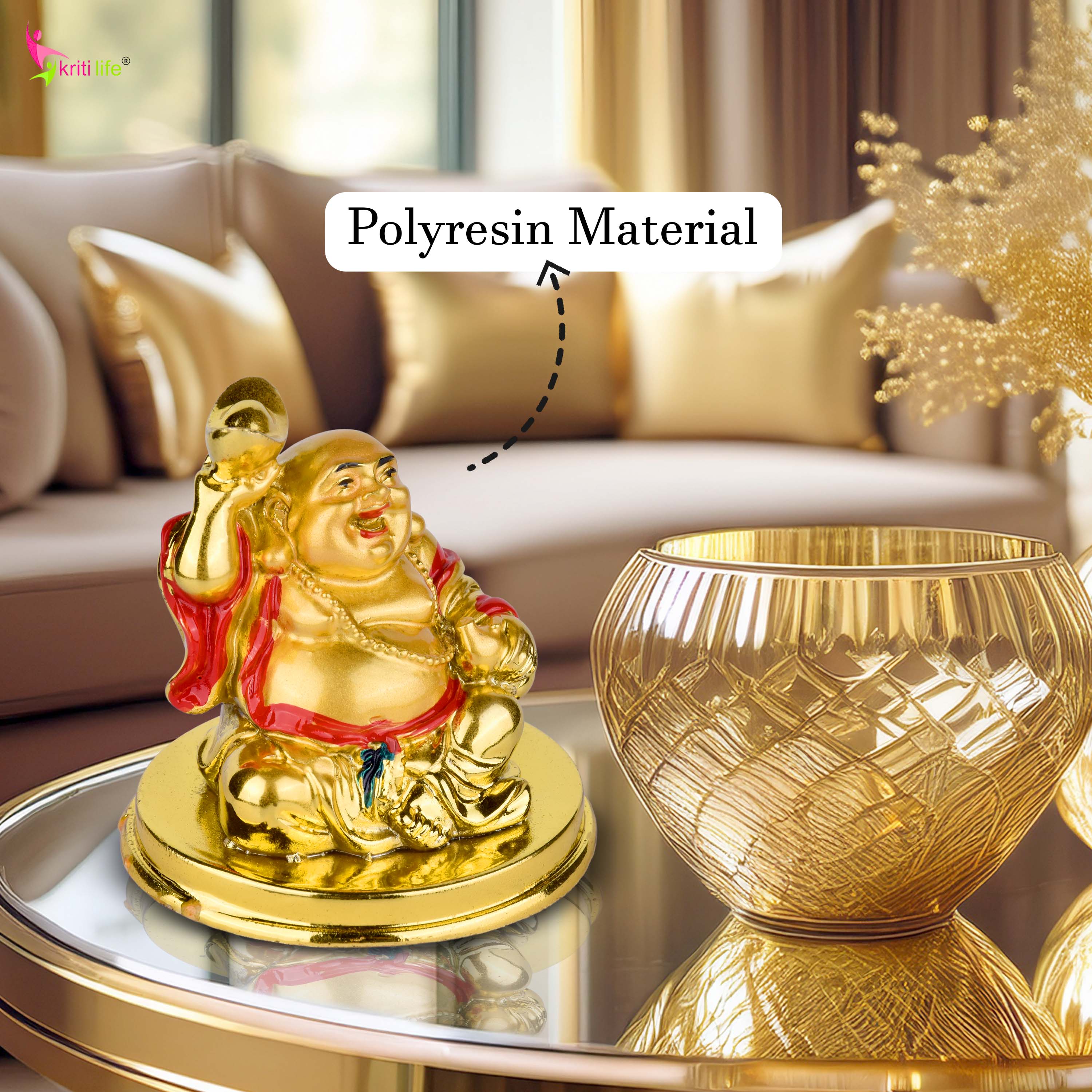 Feng Shui Golden Laughing Buddha Idol with Wealth Ingot | Prosperity & Positivity- 2.5 inches