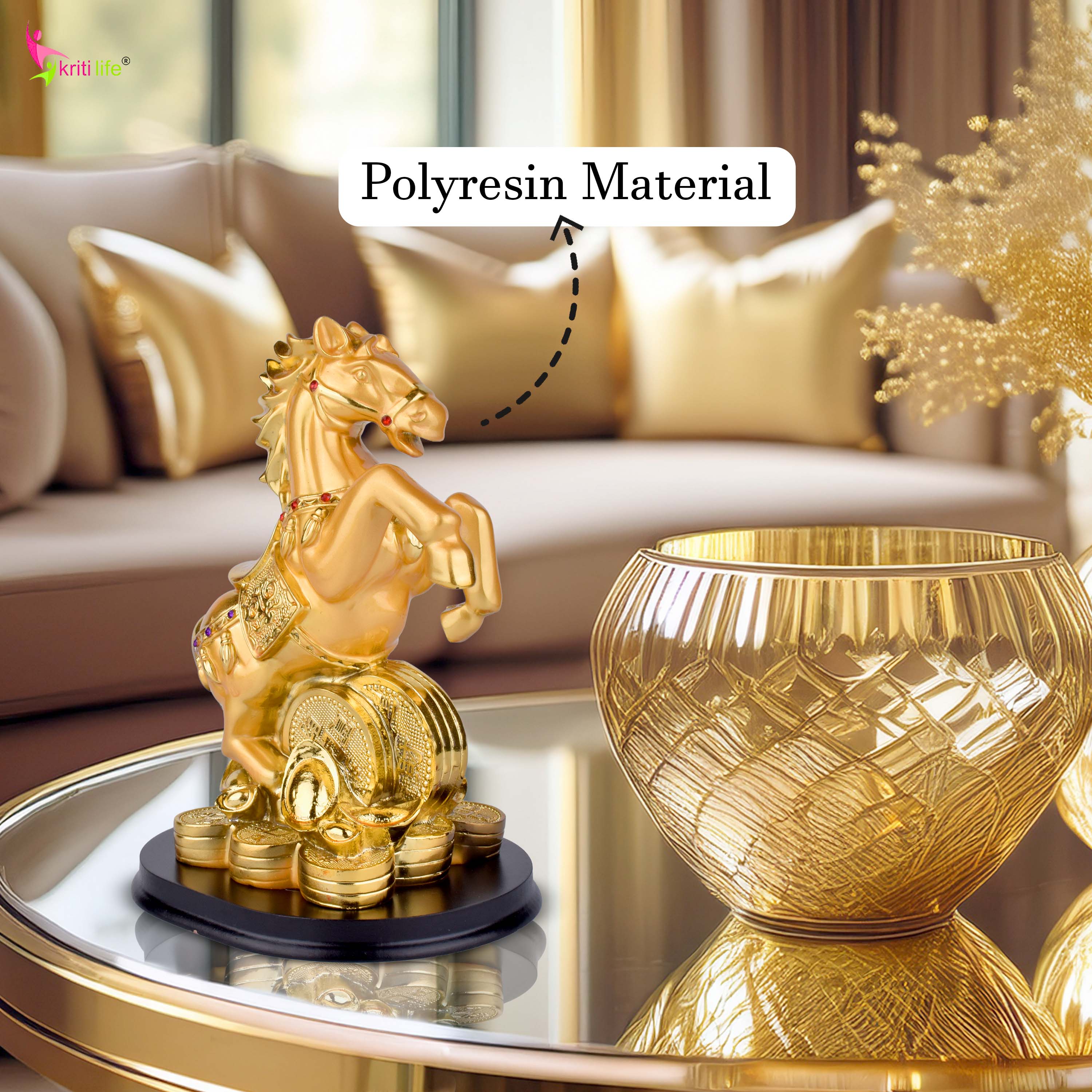 Feng Shui Victory Horse Idol on Coins | Golden Polyresin Showpiece for Career Growth, Fame & Wealth- 8 inches