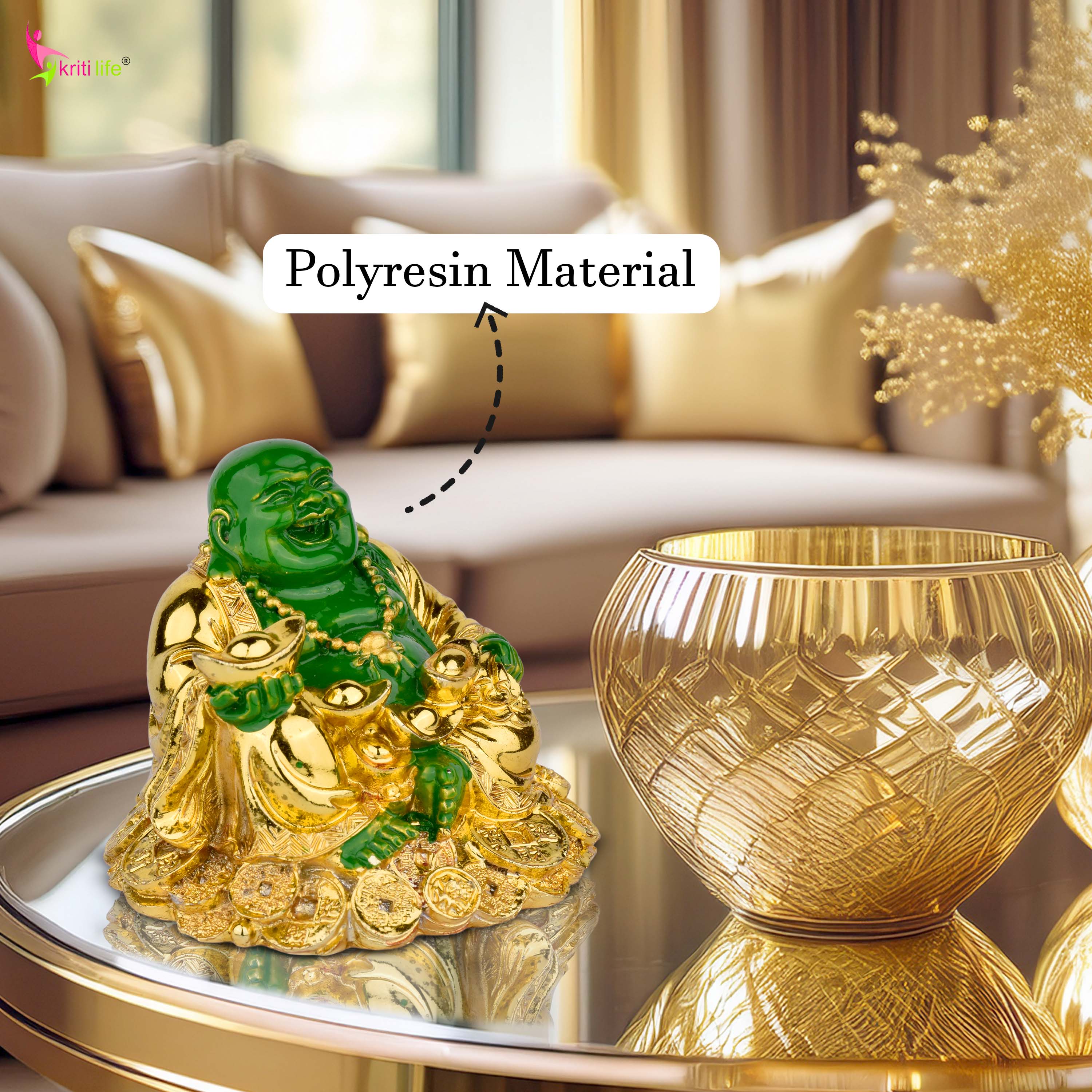 Feng Shui Green & Golden Laughing Buddha Sitting on Coins | for Wealth, Positivity & Happiness- 2.75 inches (5062166)