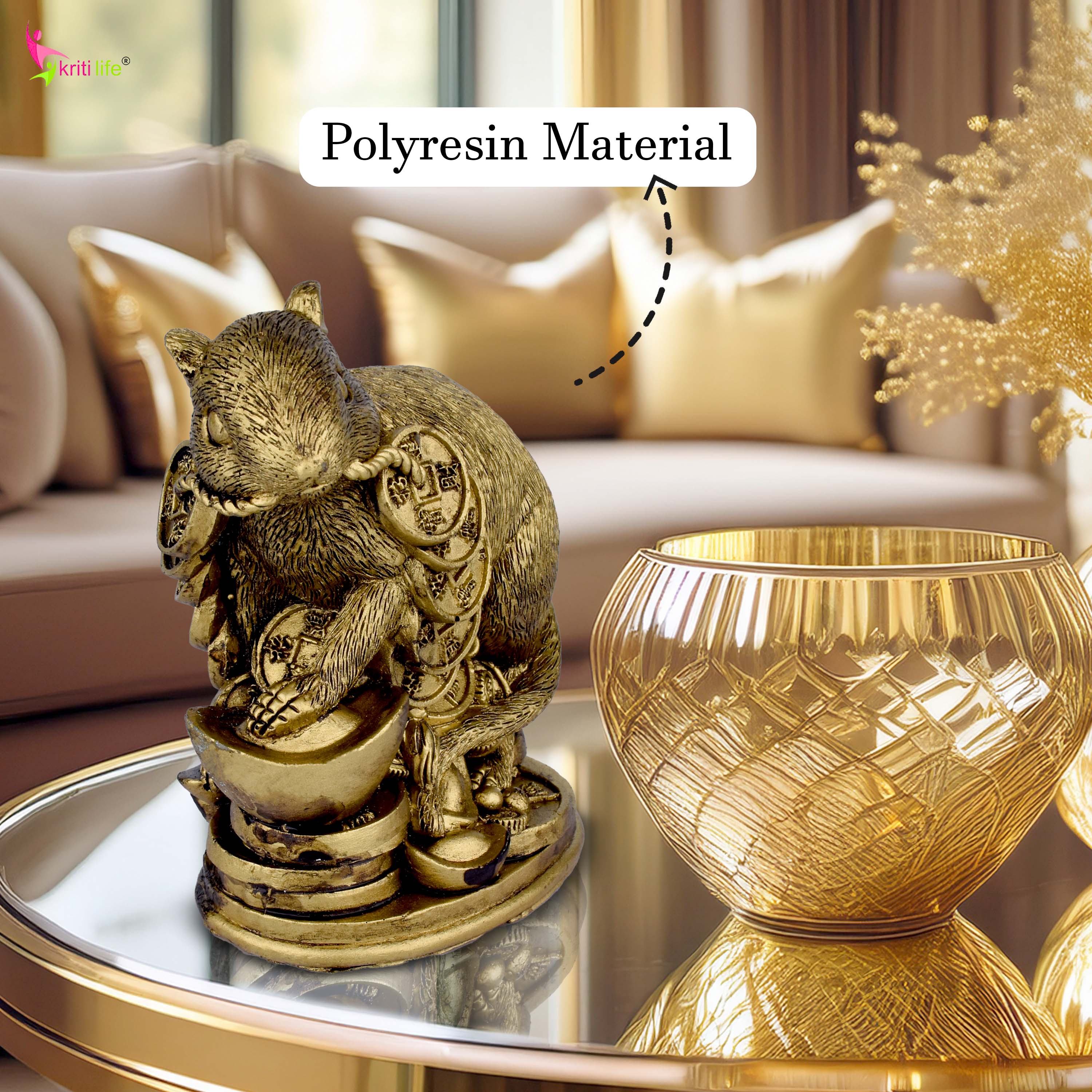 Feng Shui Wealth Rat Idol with Gold Bar | Symbol of Prosperity & Business Luck- 4 inches