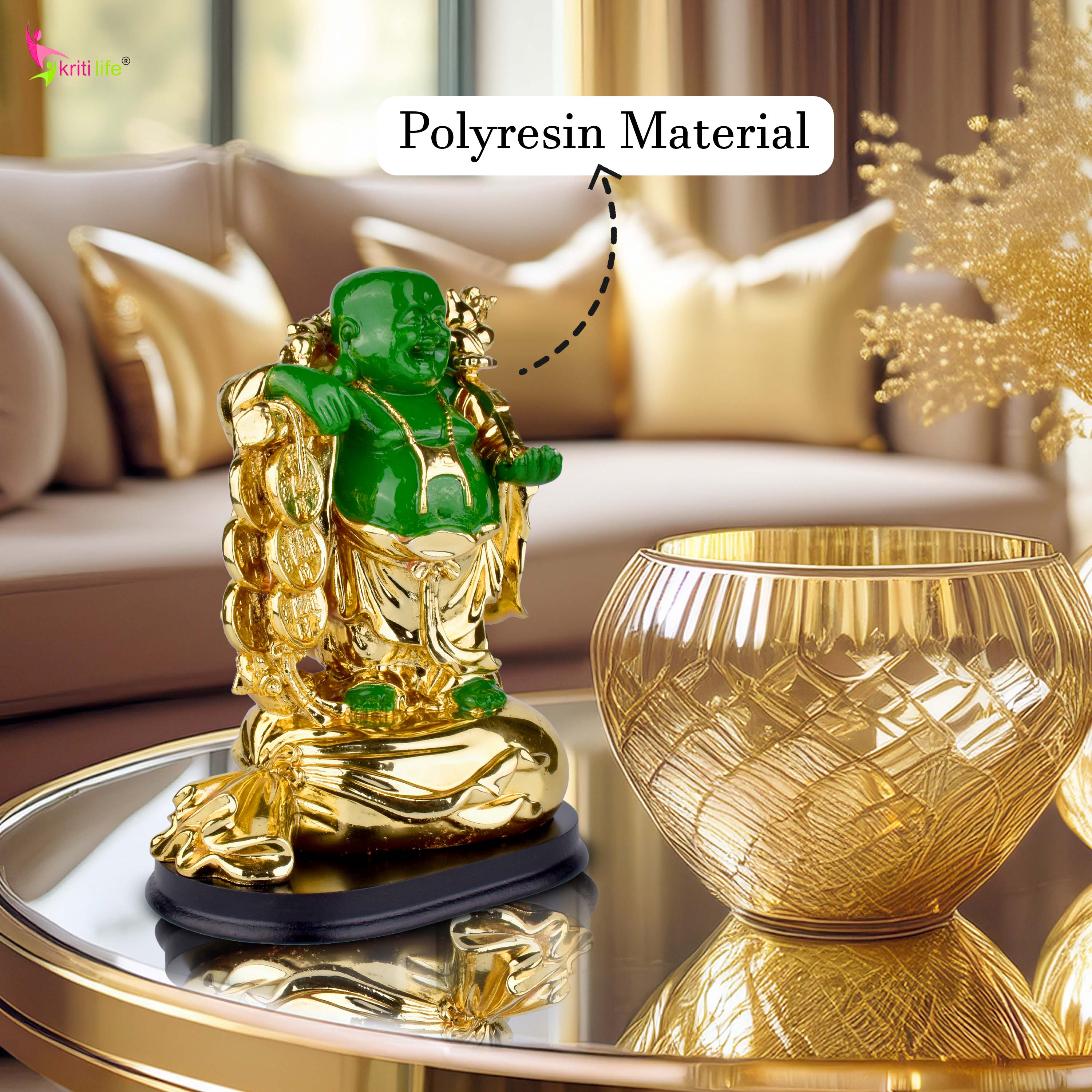 Feng Shui Laughing Buddha Idol | Green & Golden Polyresin Showpiece for Wealth & Happiness | Feng Shui Home Décor- 6.5 inches