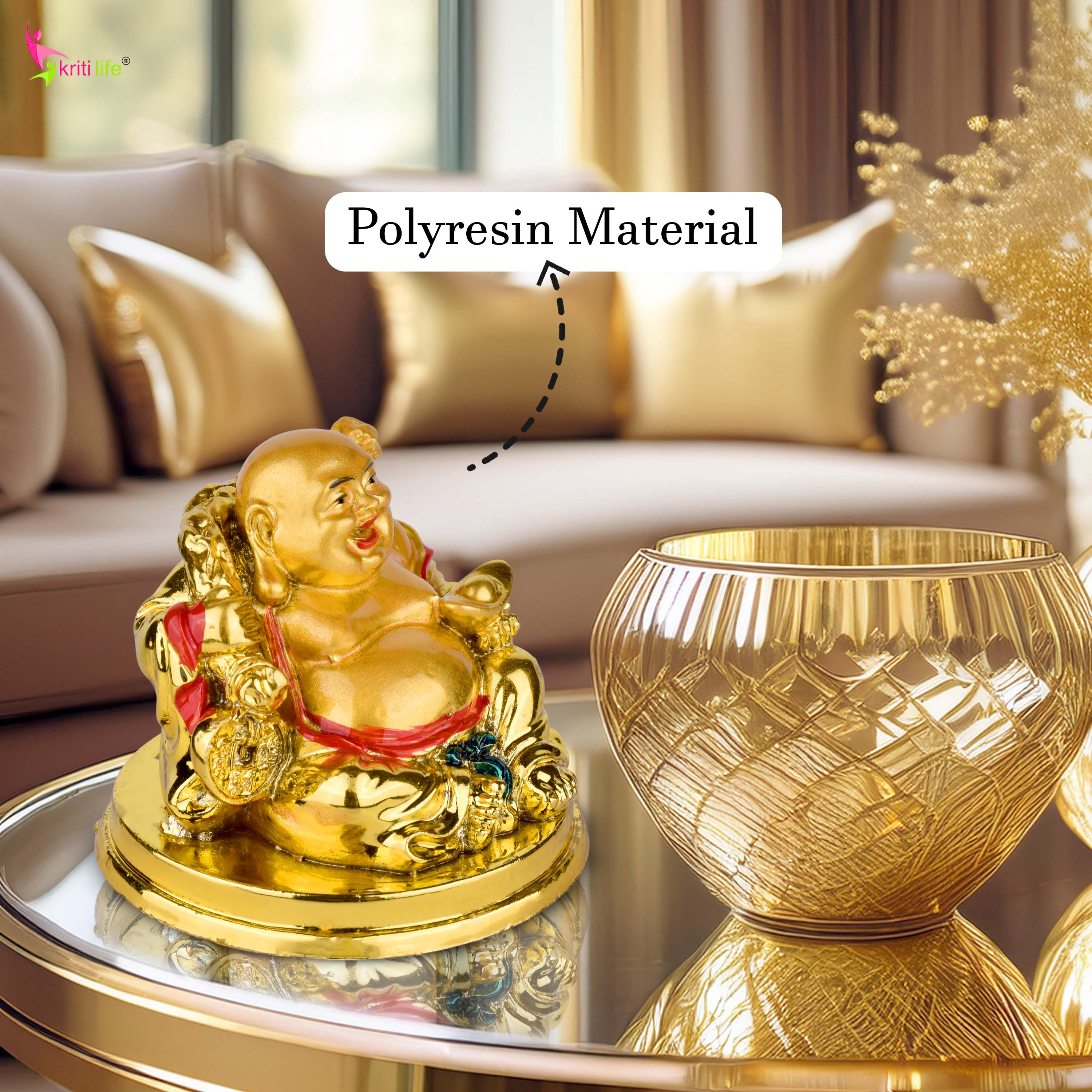 Feng Shui Golden Laughing Buddha Idol with Wealth Coin | Joy, Positivity & Prosperity- 2.5 inches