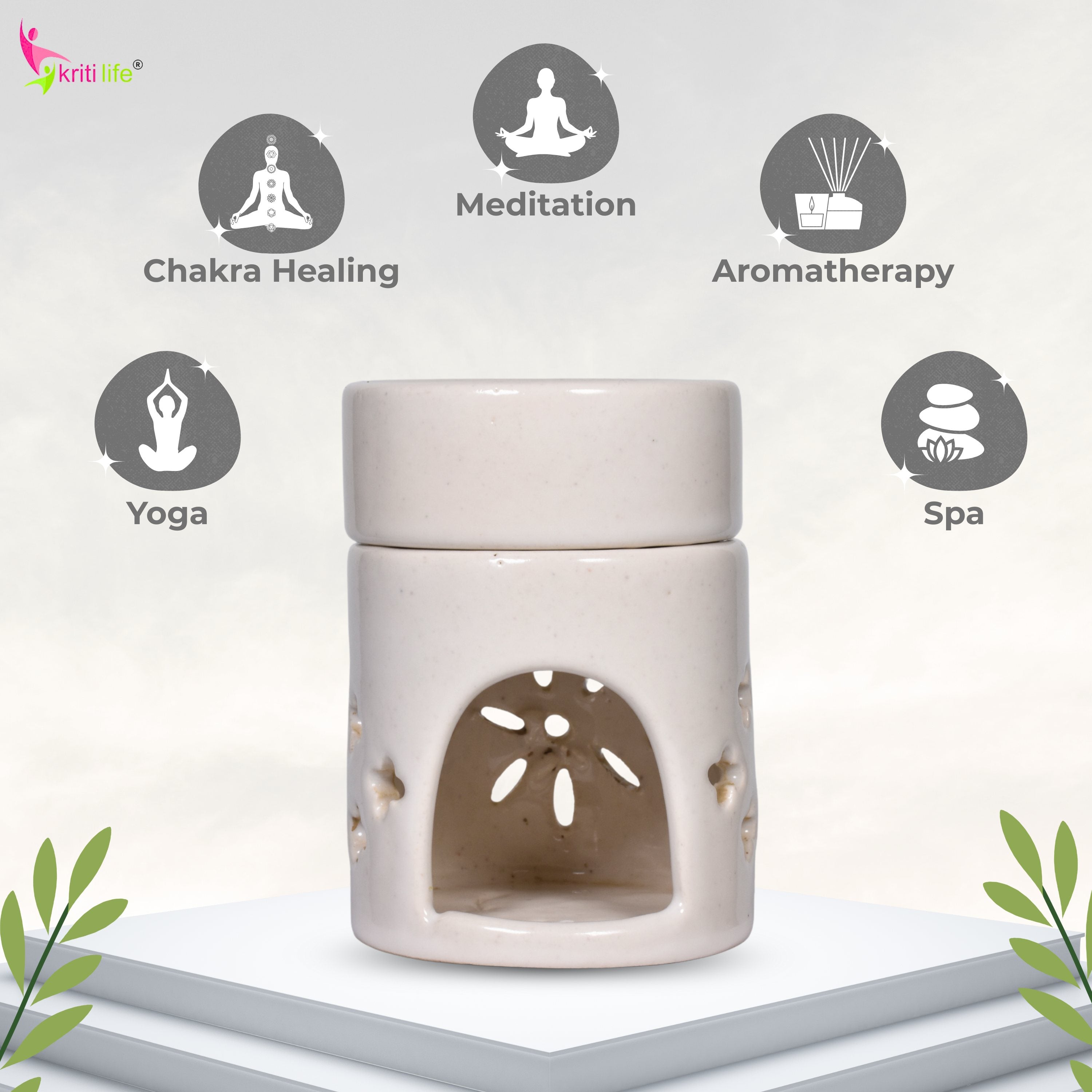 White Ceramic Aroma Oil Burner | Elegant Round Top Diffuser for Meditation, Yoga & Aromatherapy- 4  inches