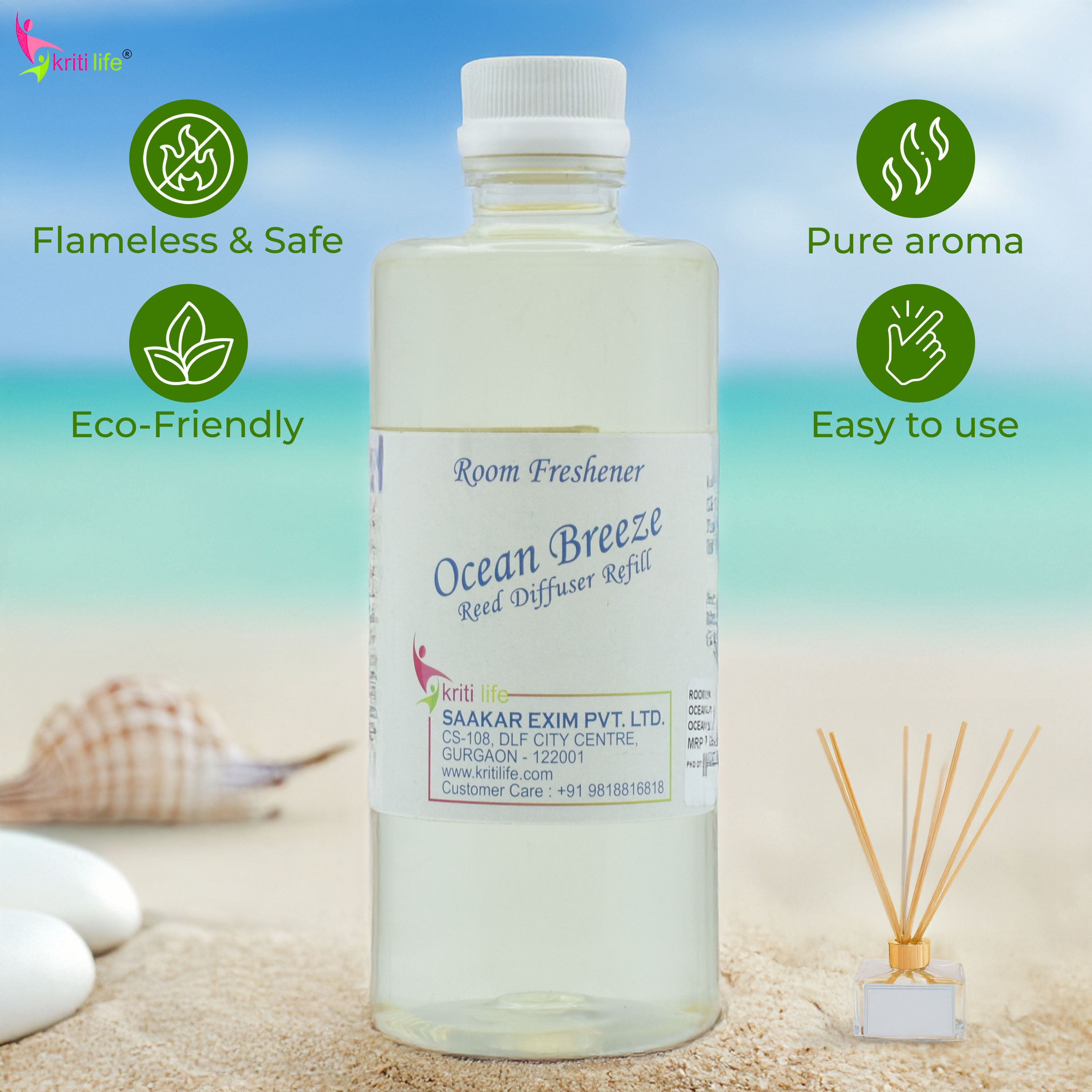 Kriti Life Reed Diffuser Refill - Ocean Breeze 450ML Long-Lasting Room Fragrance