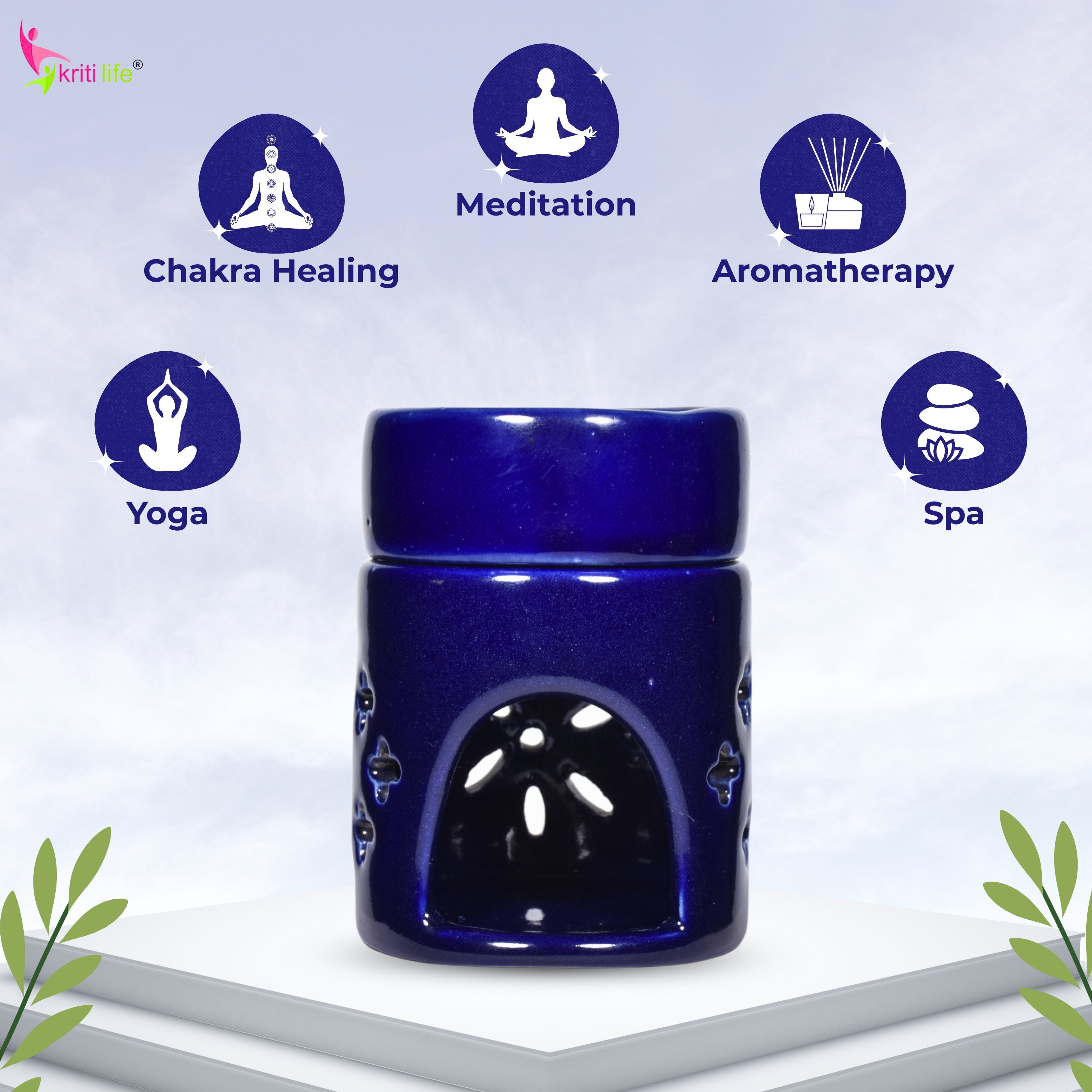 Round Ceramic Aroma Oil Burner (Dark Blue) for Essential Oils & Camphor - 4 inches