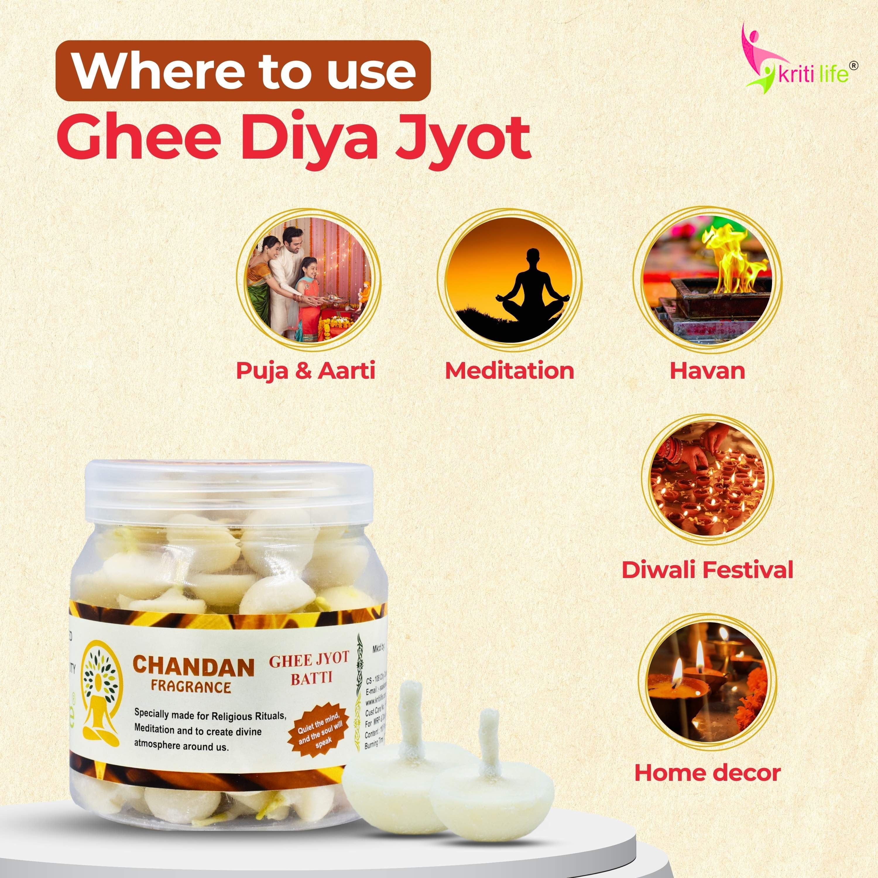 Kriti Life Scented Ghee Jyot Batti - Chandan 100 Pcs for Puja Rituals