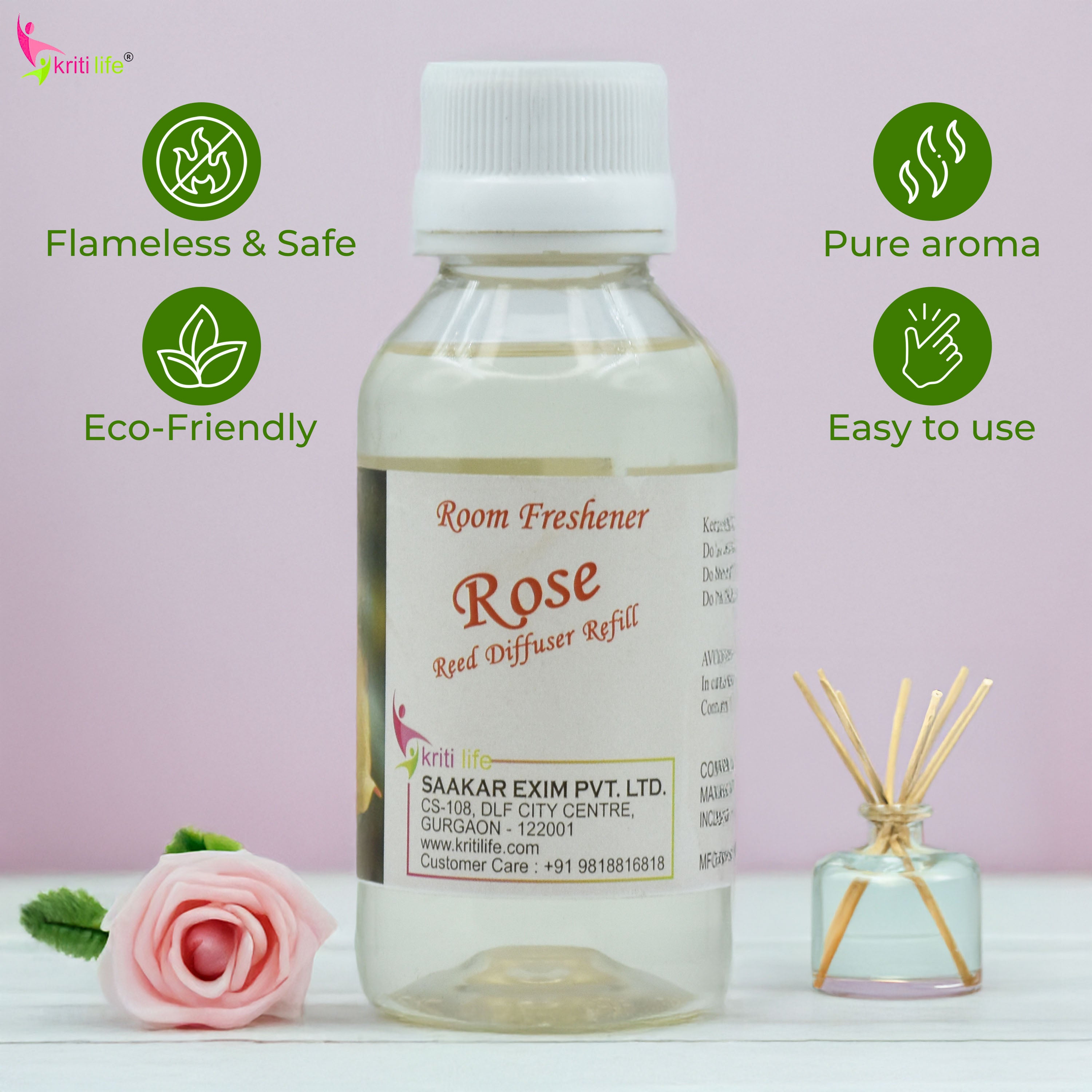 Kriti Life Reed Diffuser Refill - Rose 90ML Long-Lasting Room Fragrance