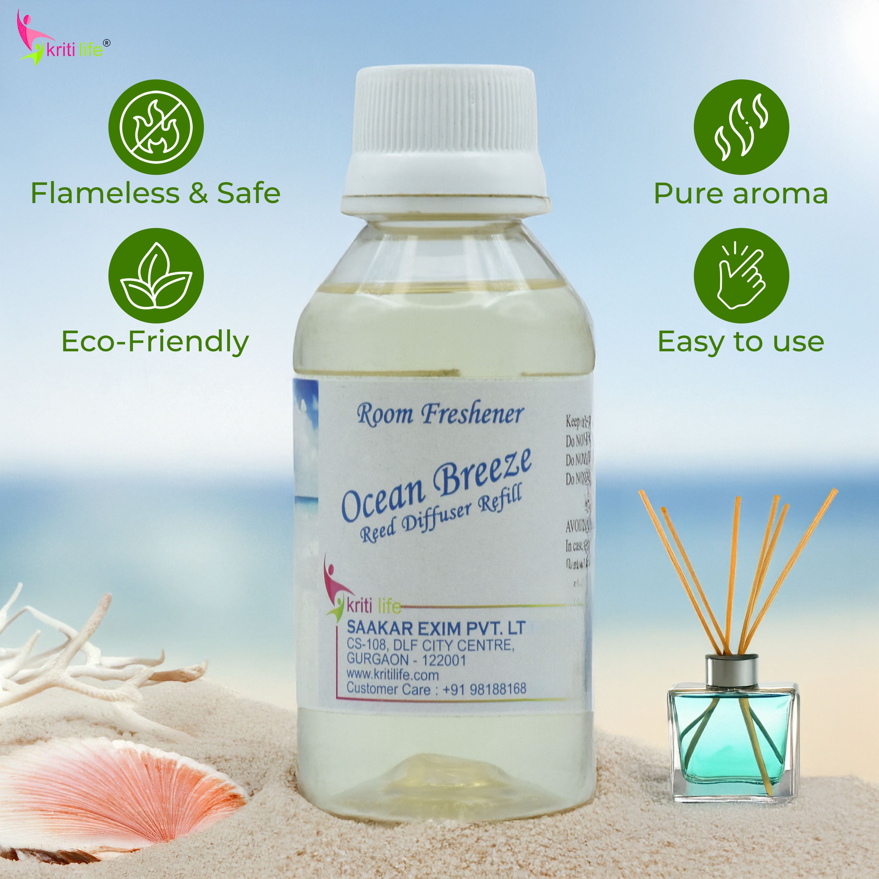 Kriti Life Reed Diffuser Refill - Ocean Breeze 90ML Long-Lasting Room Fragrance
