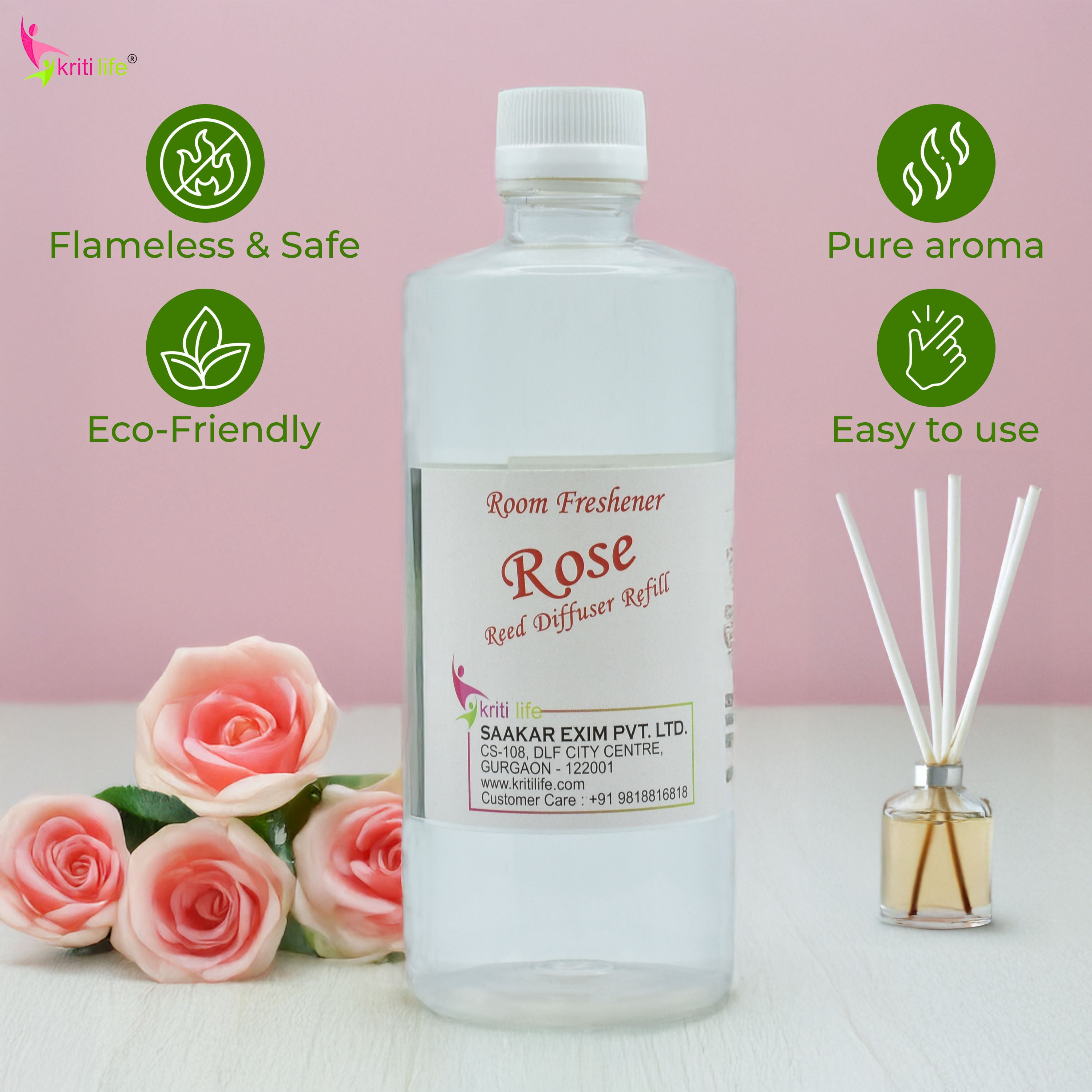 Kriti Life Reed Diffuser Refill - Rose 450ML Long-Lasting Room Fragrance