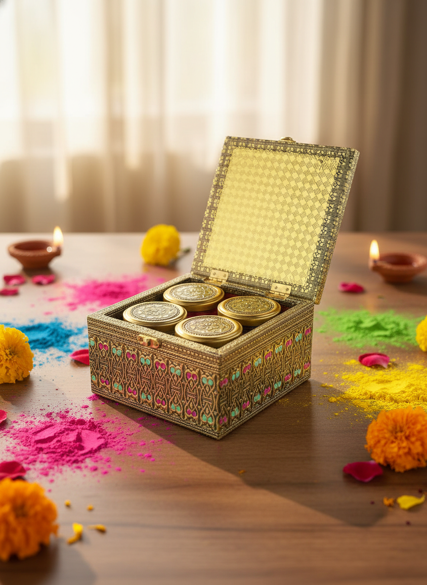 Holi Gulal with Dry Fruits Jar Gift Pack of 4 – Premium Festive Hamper with Decorative Box