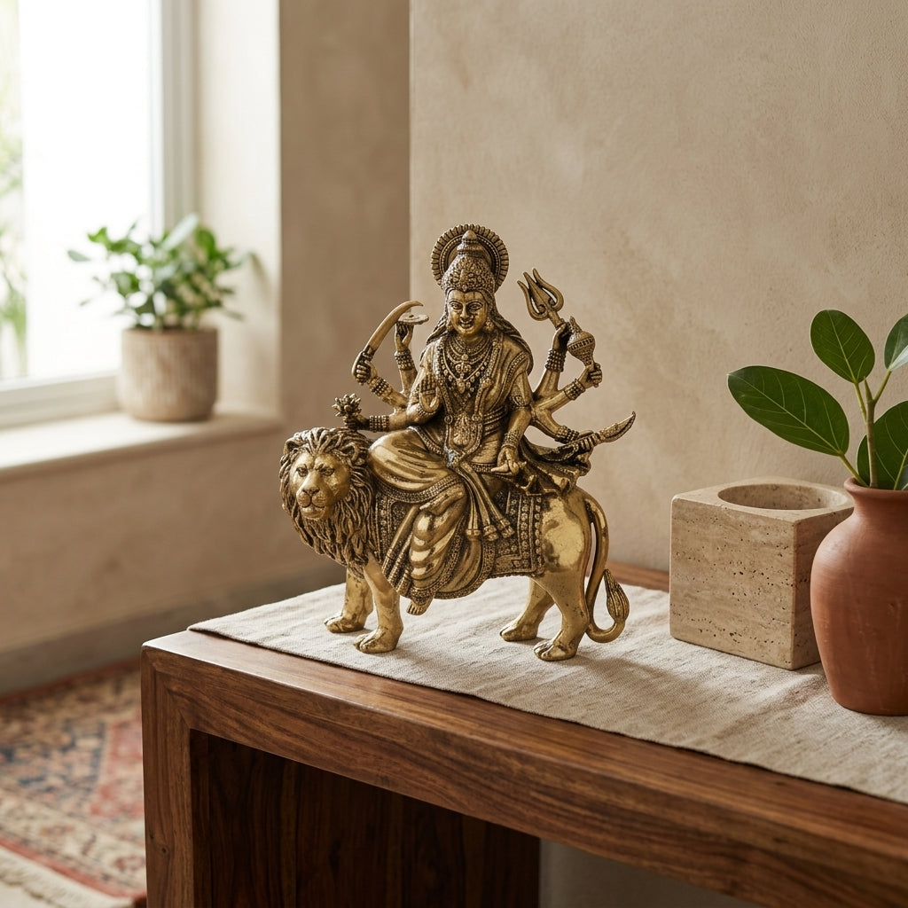 Antique Brass Maa Durga Idol on Lion – Sherawali Murti