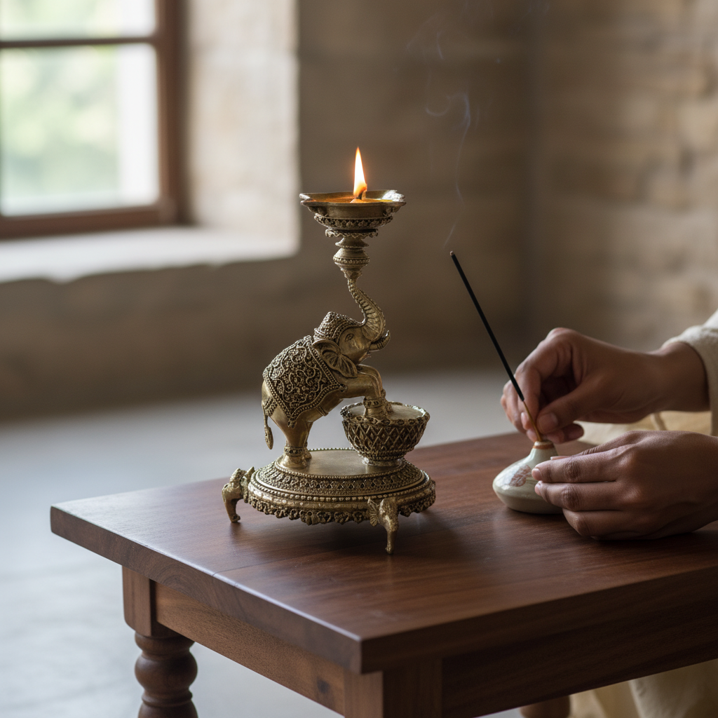 Fine Brass Elephant Diya Oil Lamp for Home Temple & Décor – Medium Size