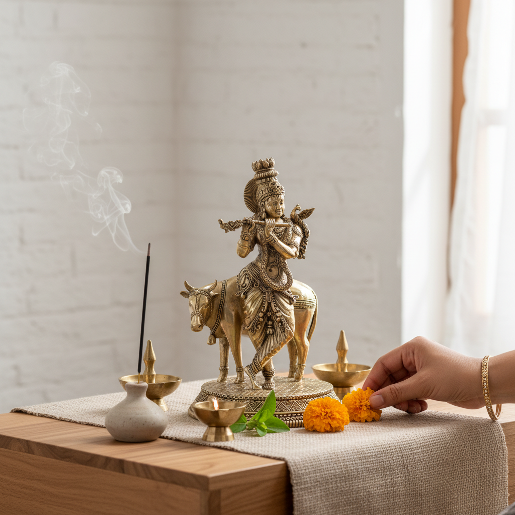Fine Brass Krishna Cow Idol – Medium Size