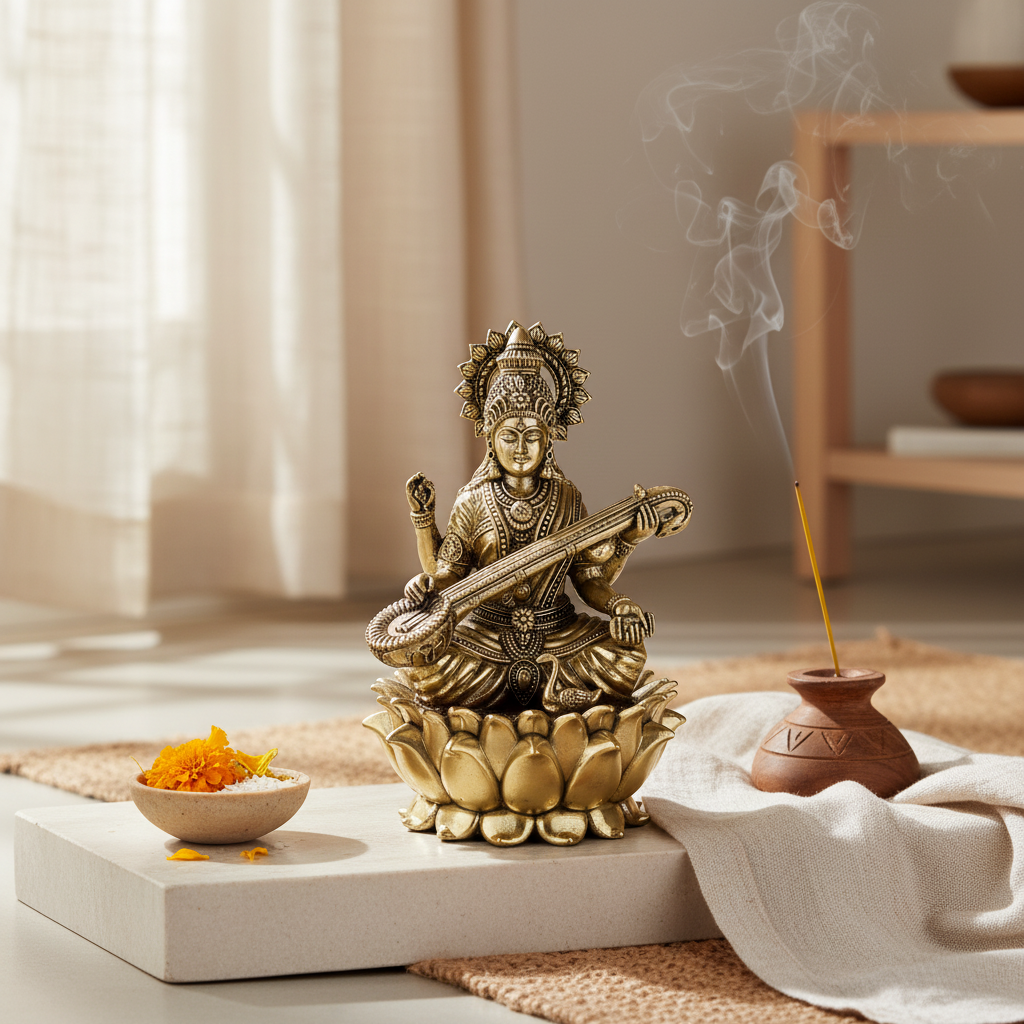 Fine Brass Saraswati Idol on Lotus – Medium Size