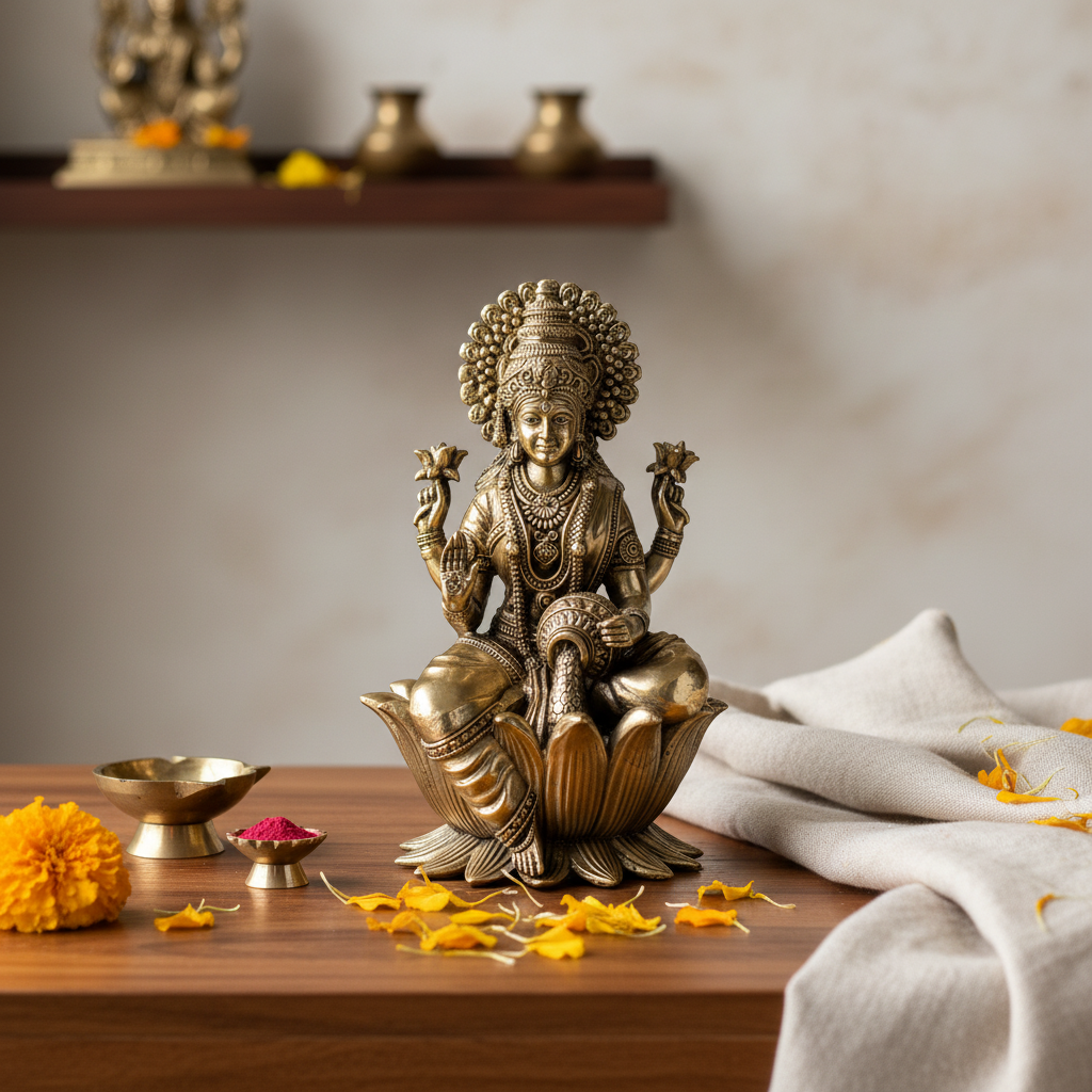 Antique Brass Goddess Lakshmi Sitting on Lotus Idol | Fine Brass Laxmi Murti