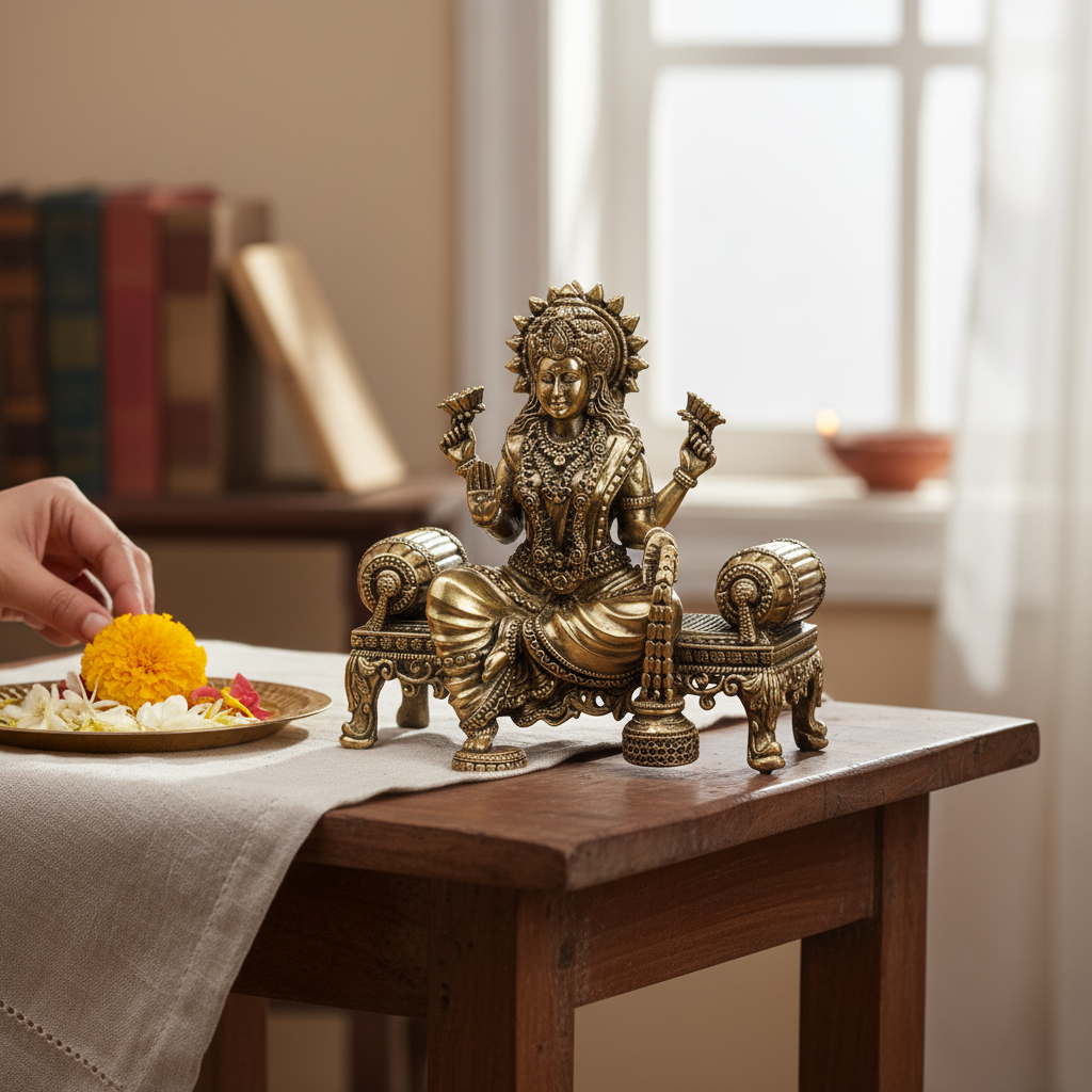 Antique Brass Goddess Lakshmi Sitting on Sofa Idol | Fine Brass Laxmi Murti