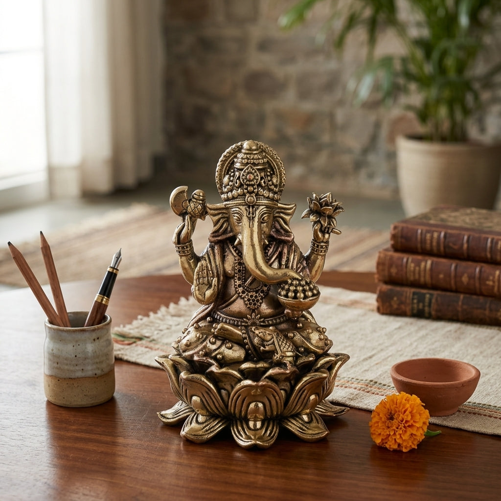 Antique Brass Ganesh Idol – Heavy Premium Lotus Base Showpiece