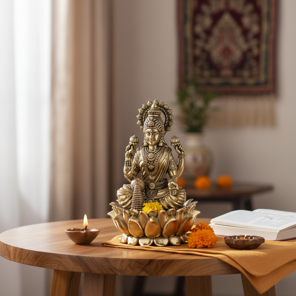 Fine Brass Goddess Lakshmi Idol on Lotus – Medium Size