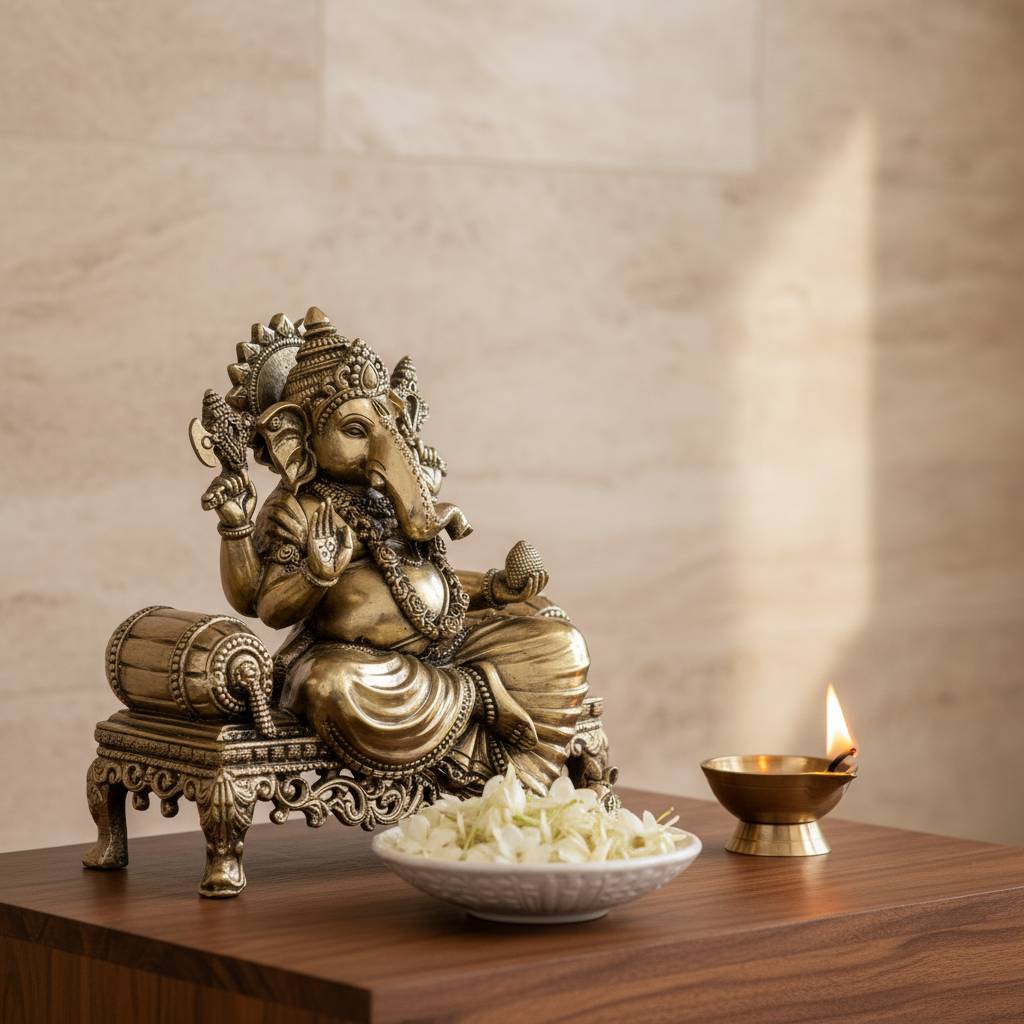 Antique Brass Lord Ganesha Sitting on Sofa Idol | Fine Brass Ganpati Murti