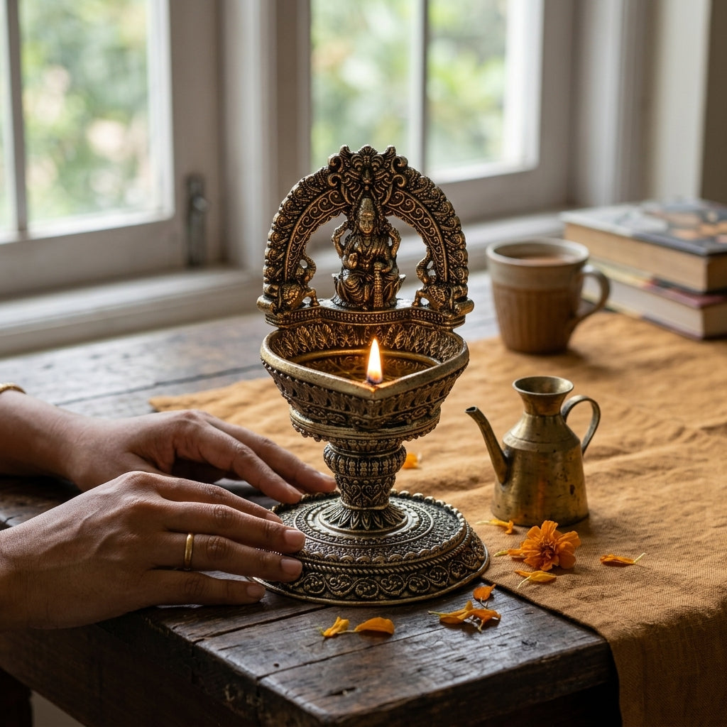 Antique Brass Lakshmi Diya Stand with Arch | Goddess Lakshmi Oil Lamp