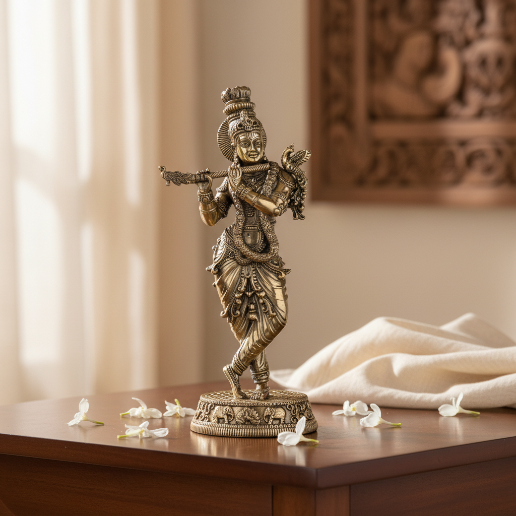 Antique Brass Lord Krishna Idol – Fine Brass Standing Krishna Murti