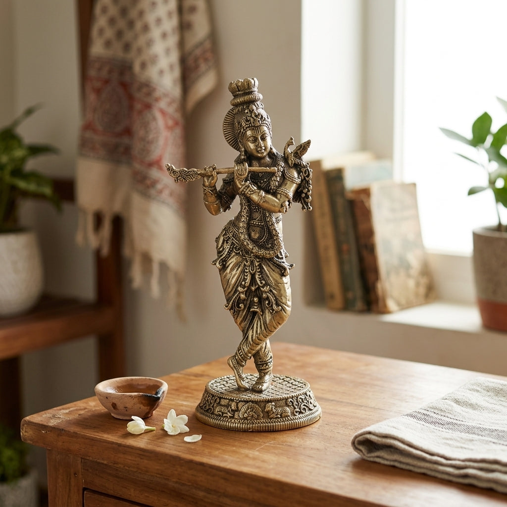 Antique Brass Standing Krishna Idol – Flute Kanha Murti for Love & Harmony