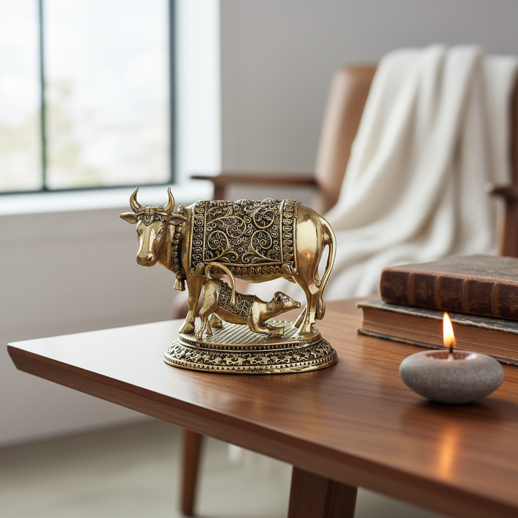 Fine Brass Kamdhenu Cow with Calf Idol – Small Size