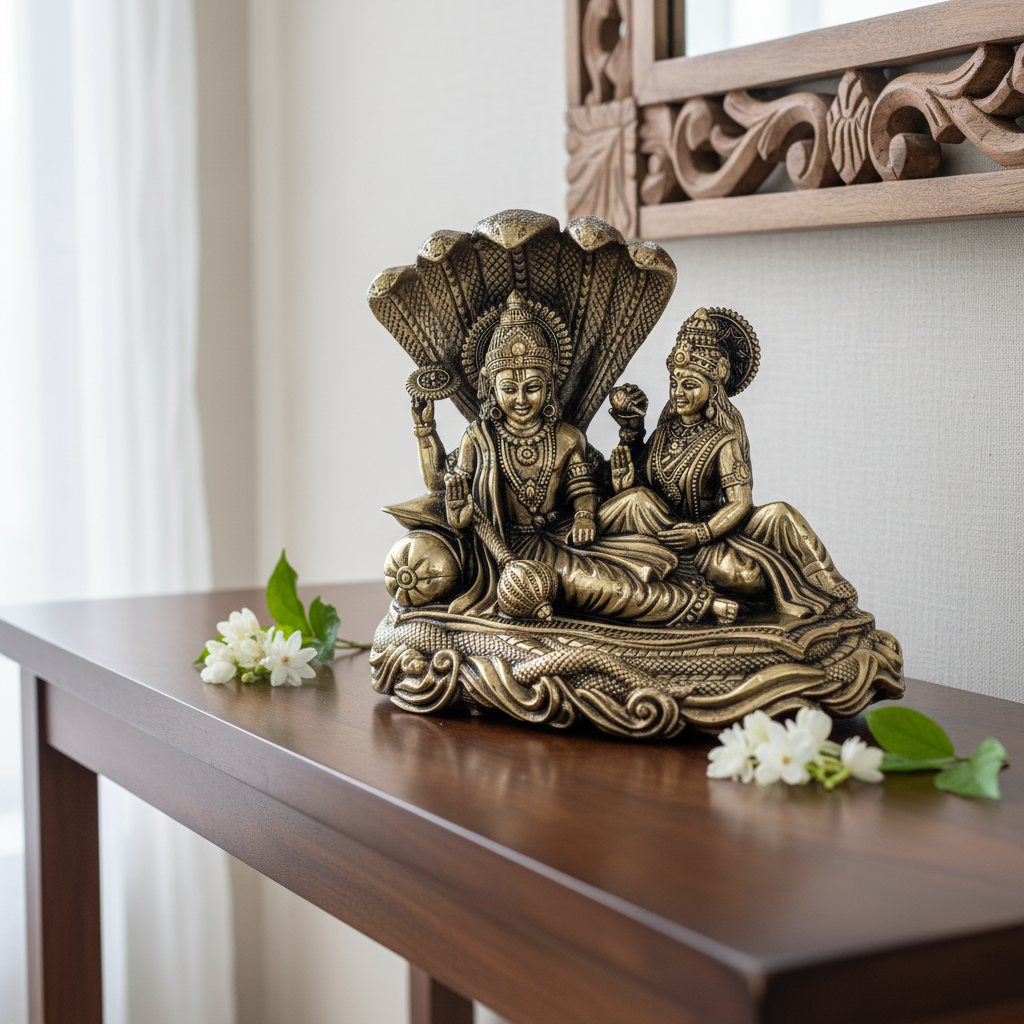 Antique Brass Vishnu Lakshmi Idol | Laxmi Narayan Murti for Home Temple