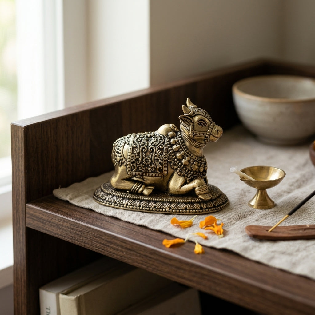 Antique Brass Nandi Bull Idol | Fine Brass Nandi Murti for Shiva Worship