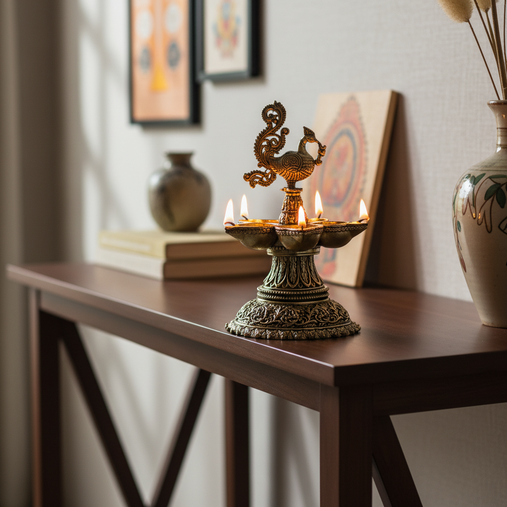 Antique Brass Peacock Diya – Multi Wick Oil Lamp for Pooja & Home Décor