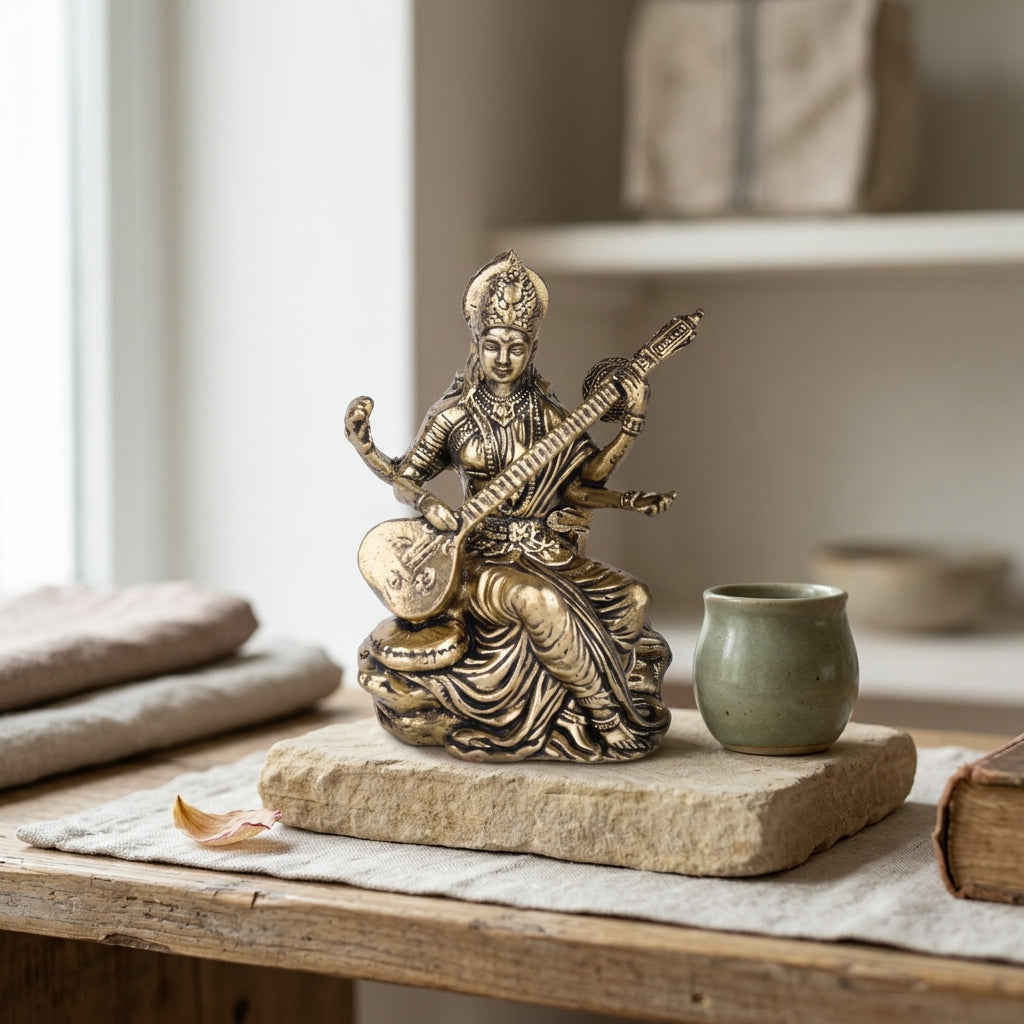 Antique Brass Goddess Saraswati Idol with Veena | Maa Saraswati Murti