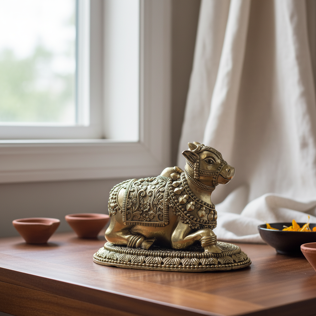 Antique Brass Nandi Bull Idol – Sacred Shiva Vehicle Statue