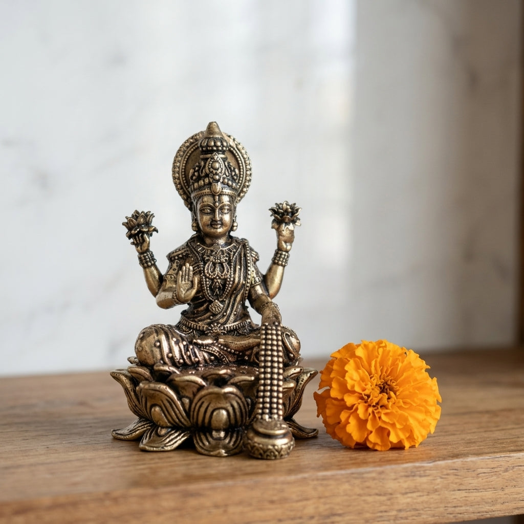 Antique Brass Maa Lakshmi Idol Sitting on Lotus | Fine Brass Goddess Lakshmi