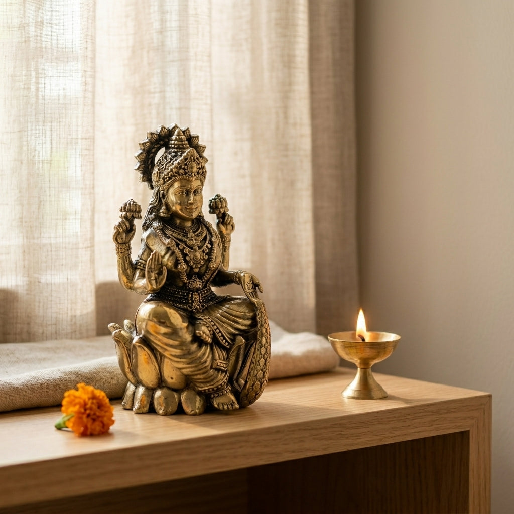 Antique Brass Goddess Lakshmi Idol Sitting on Lotus | Laxmi Murti