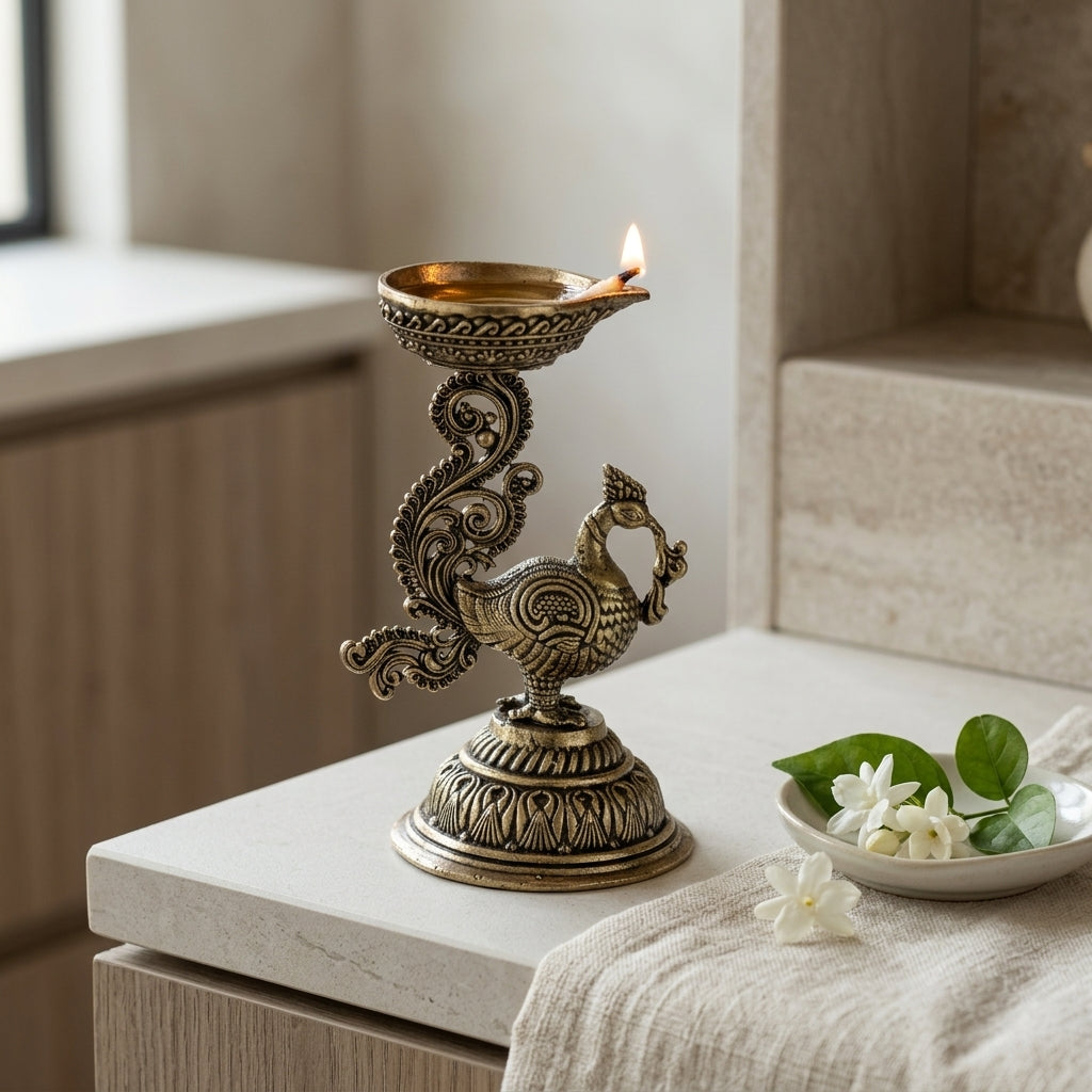 Antique Brass Peacock Diya Oil Lamp | Decorative Brass Diya for Pooja