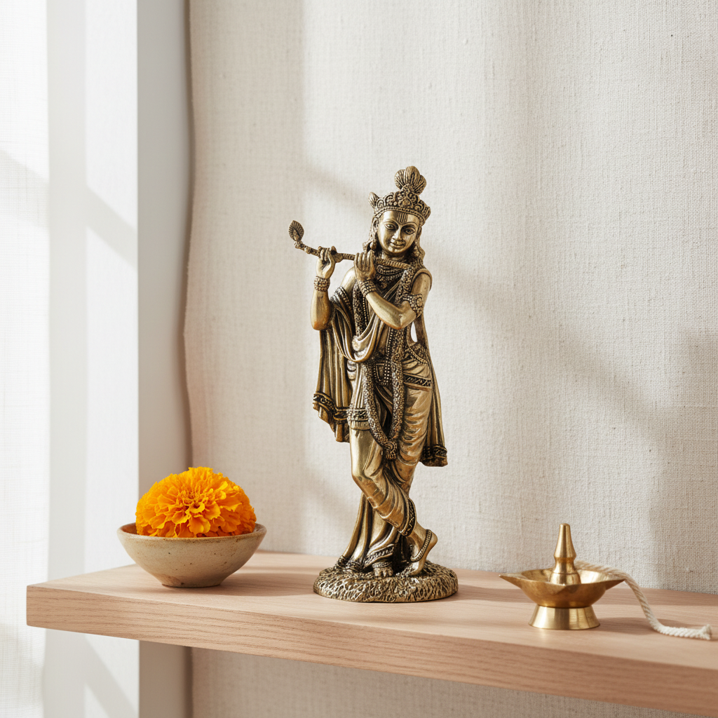 Antique Brass Lord Krishna Flute Idol – Murli Manohar Statue