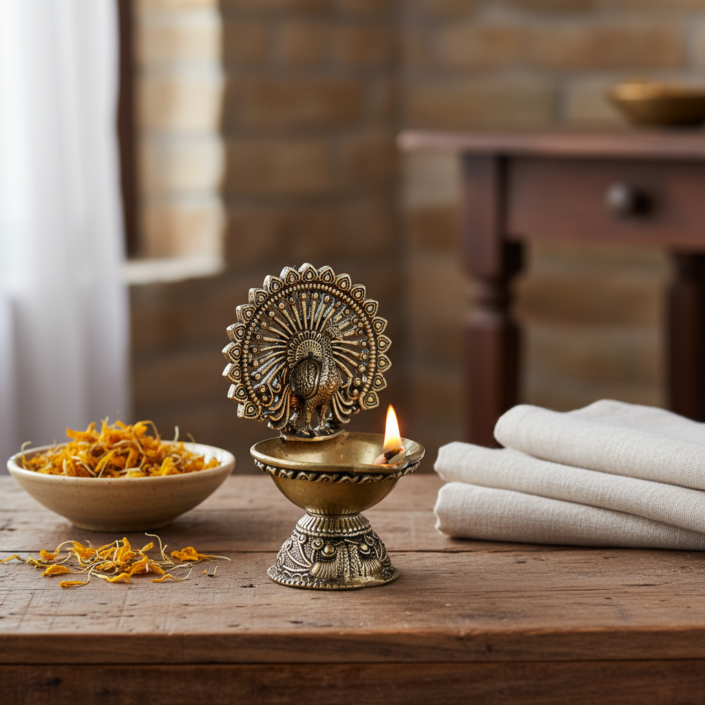 Antique Brass Peacock Diya – Small Oil Lamp for Pooja & Home Décor