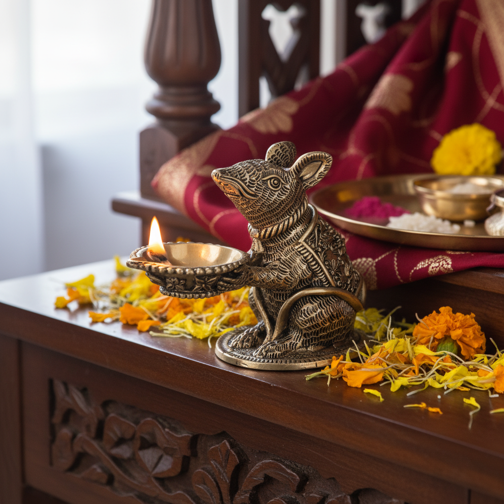 Antique Brass Mooshak (Mouse) Diya | Fine Brass Ganesh Ji Vahan Deepak