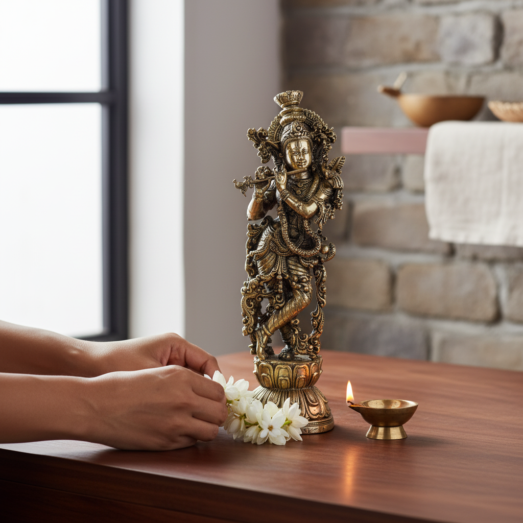 Antique Brass Lord Krishna Playing Flute Idol | Fine Brass Murli Manohar Murti