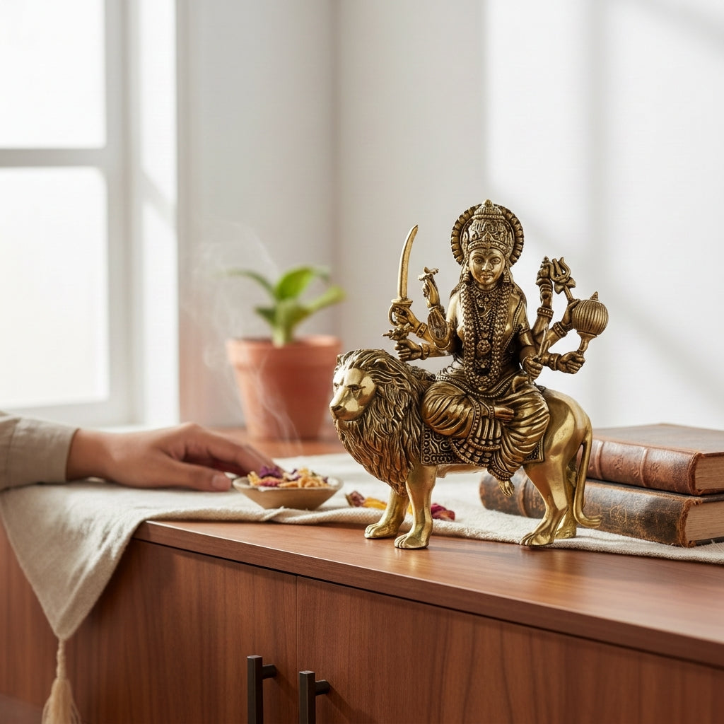 Fine Brass Durga Maa Idol with Lion for Home Décor– small Size