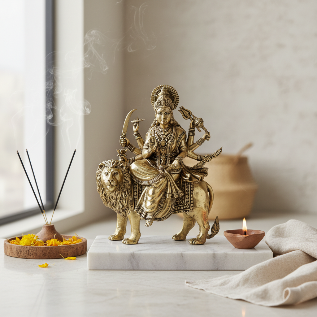Antique Brass Goddess Durga Sitting on Lion Idol | Fine Brass Sherawali Mata