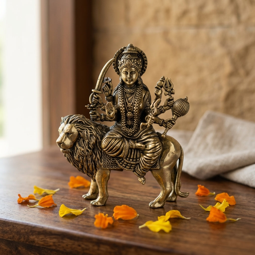 Fine Brass Maa Durga Idol on Lion – Decorative Spiritual Showpiece