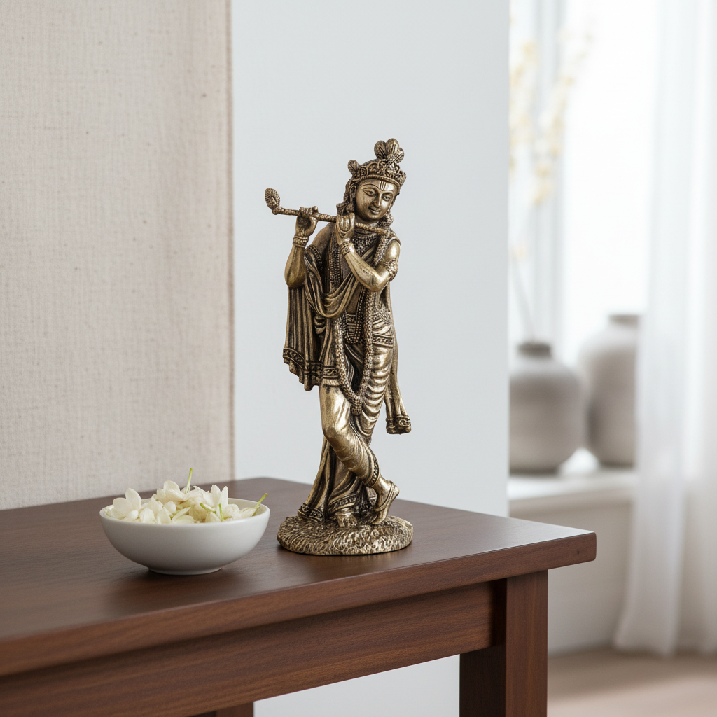 Fine Brass Standing Krishna Idol with Flute – Decorative Showpiece