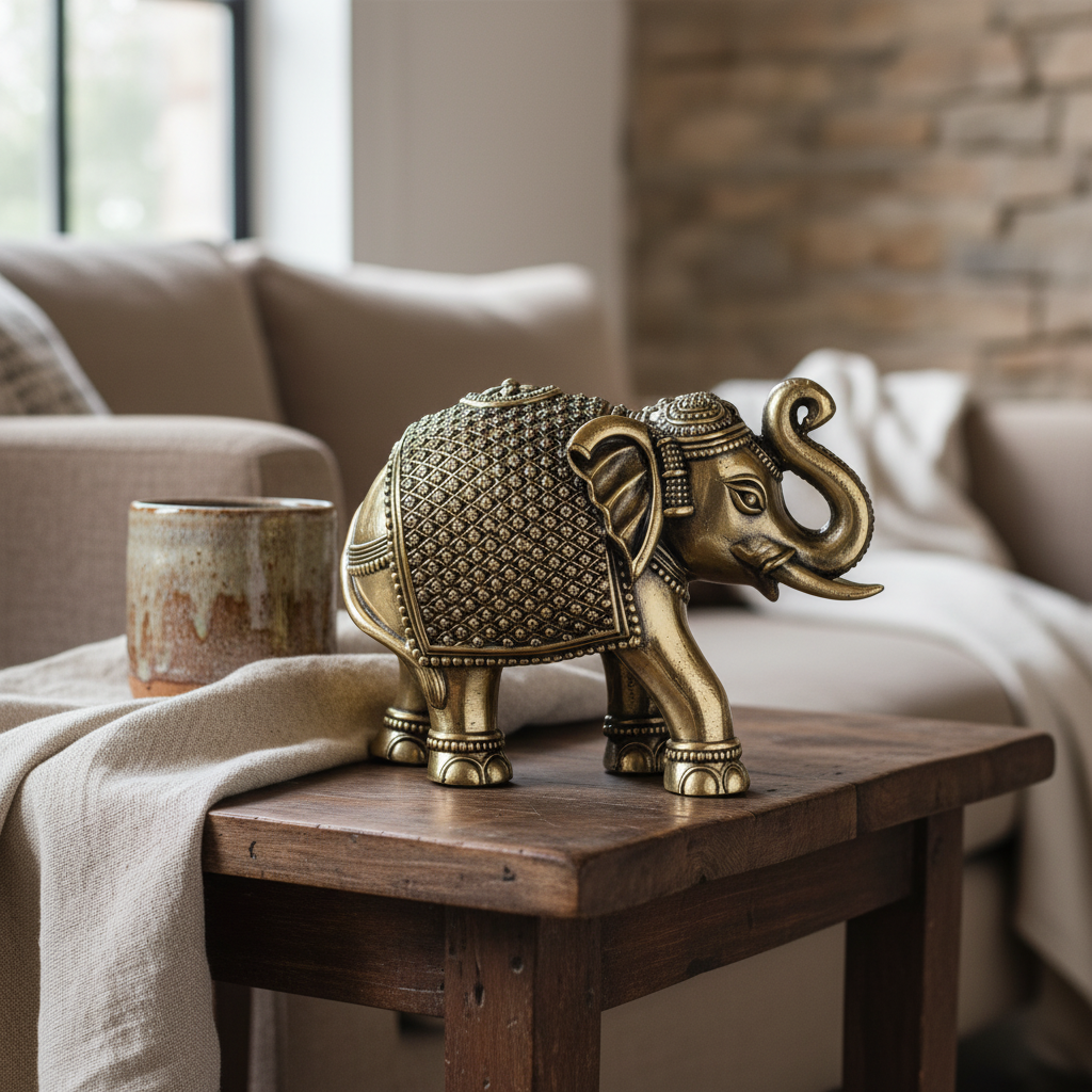 Antique Brass Royal Pattern Elephant Idol | Fine Brass Textured Elephant