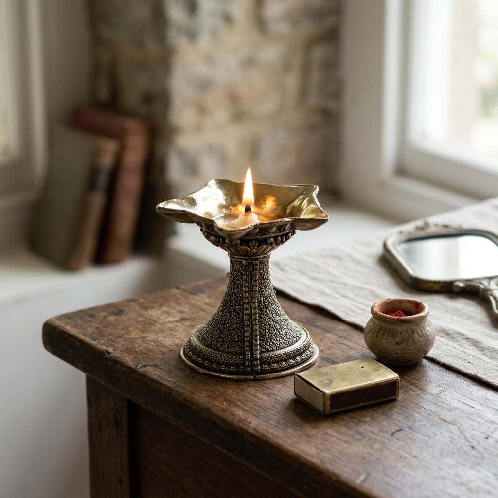 Antique Brass Diya Stand Oil Lamp | Premium Wide Plate Brass Deepak for Pooja