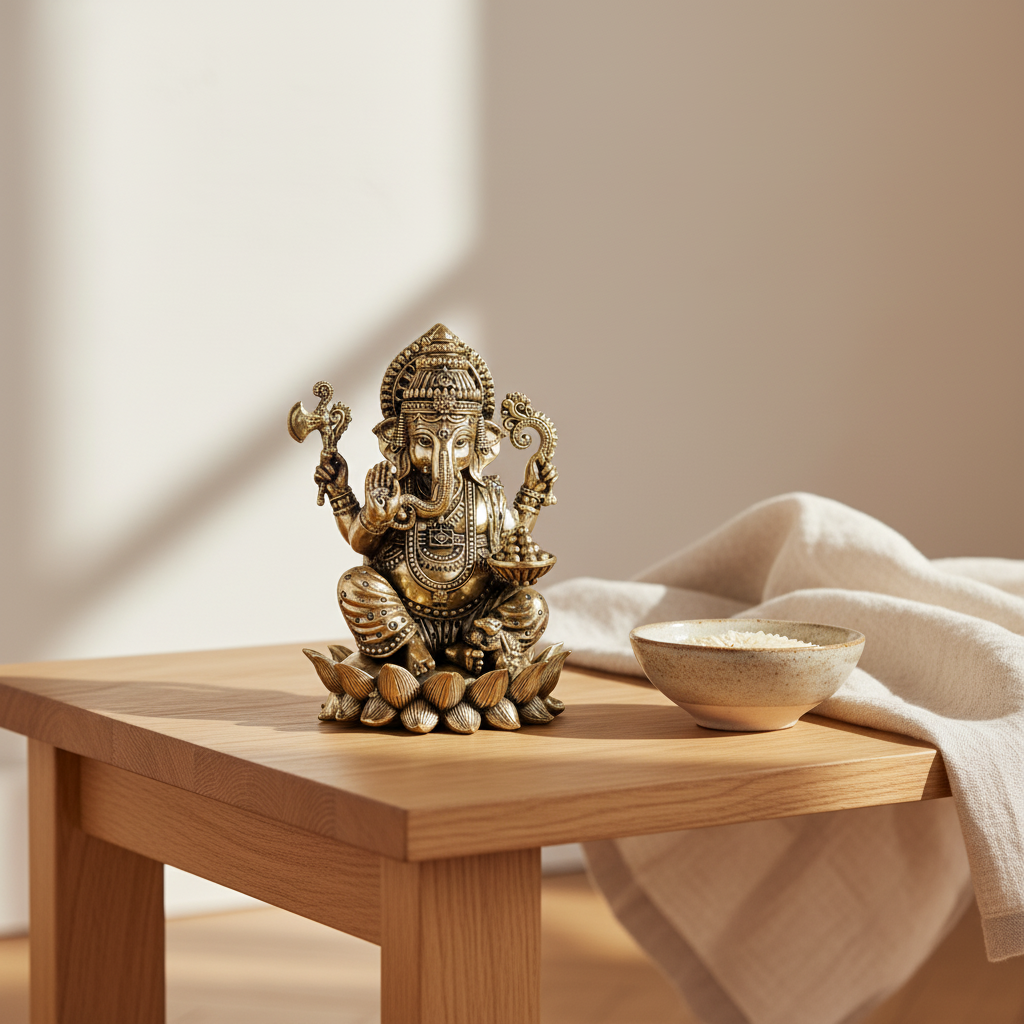 Antique Brass Lord Ganesha Idol – Lotus Base Pooja Murti