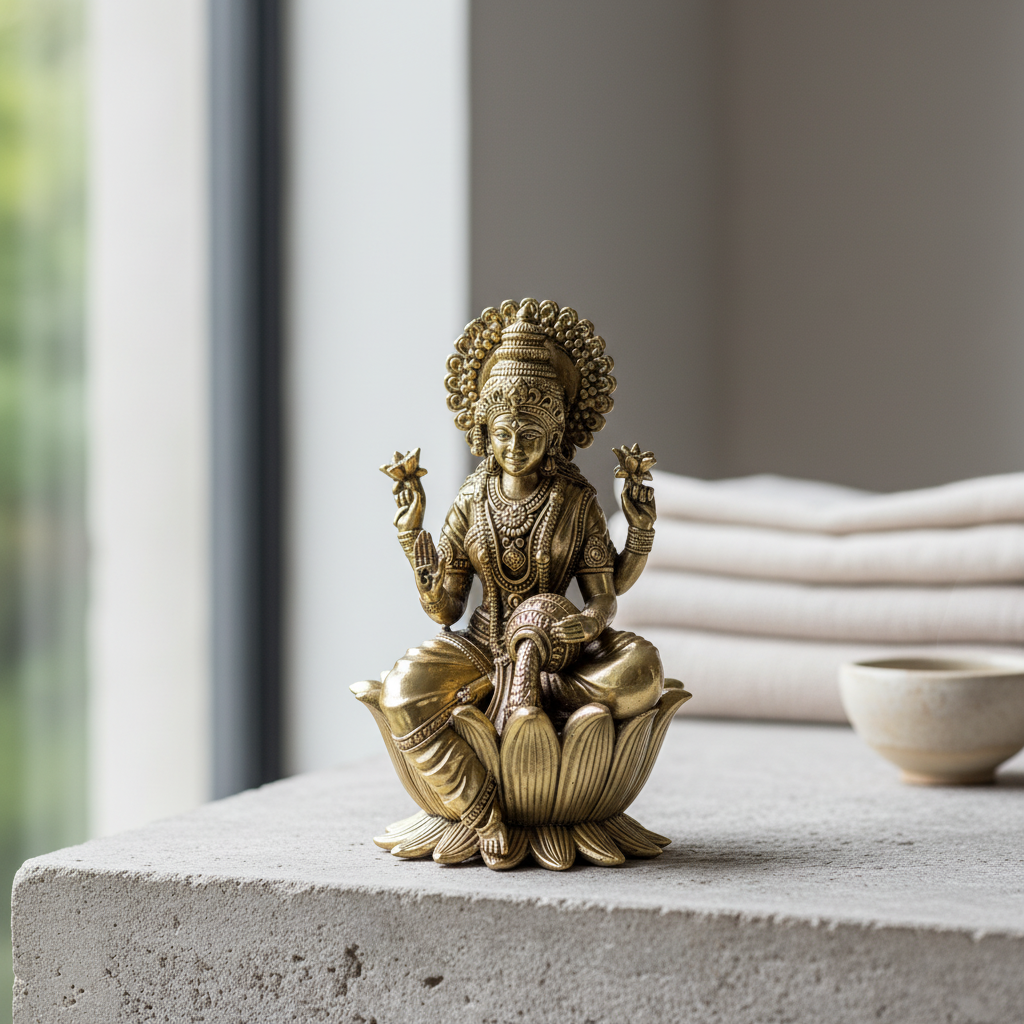 Antique Brass Goddess Lakshmi Idol Sitting on Lotus