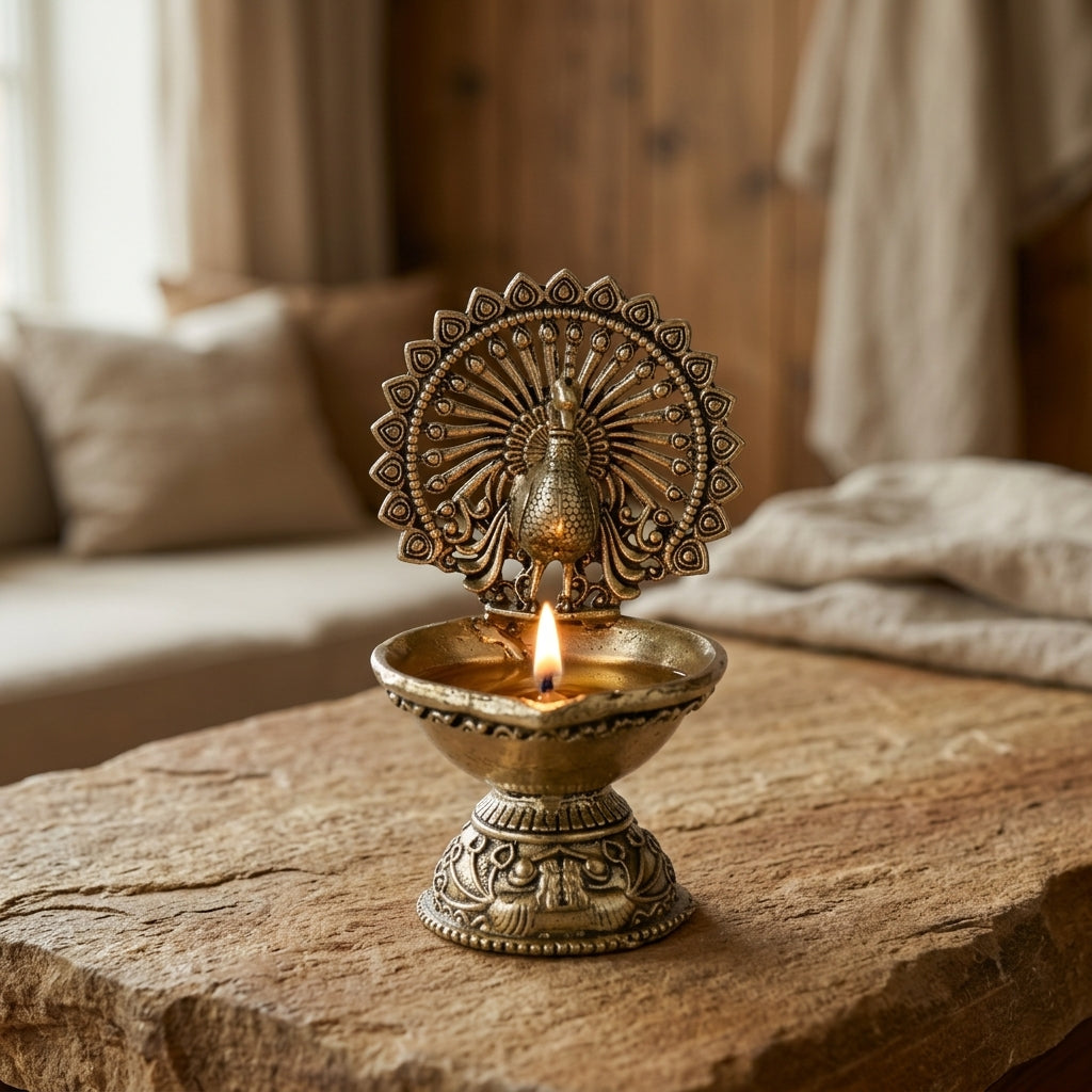 Antique Brass Peacock Diya Stand | Mor Design Oil Lamp